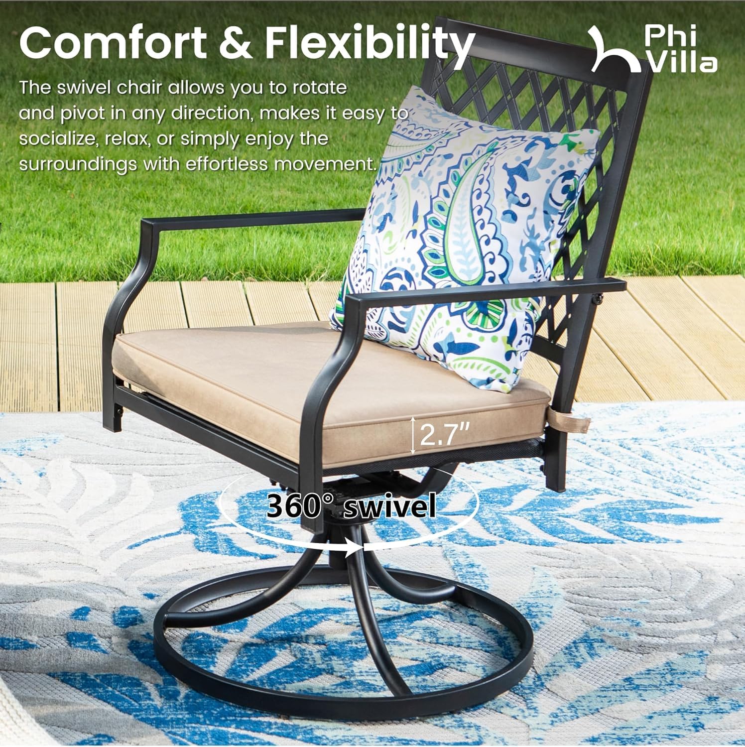 PHI VILLA 2-Piece Outdoor Swivel Dining Chairs Set - Black Metal Patio Furniture with Cushions for Garden, Backyard, Bistro & Poolside Relaxation | Weather-Resistant Small Grid Design