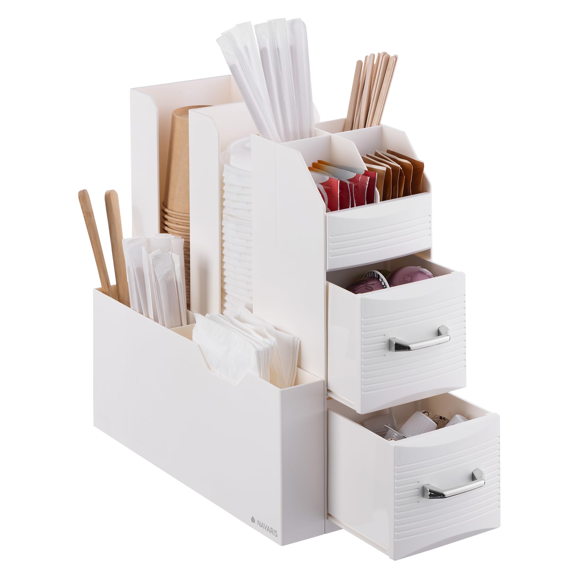 Navaris Cream Coffee Station Organizer - Tea & Coffee Storage Organizer with Multiple Compartments - Perfect for Kitchen Countertop, Office Desk, Bar Cart & Home Decor - Ideal for Coffee Lovers & Entertaining Guests