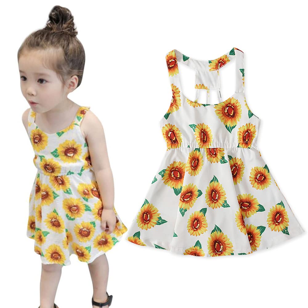 Summer Girls Backless Floral Sunflower Dress - Sleeveless Beach Straps Princess Outfit for Kids | Perfect for Beach Vacations, Birthday Parties & Outdoor Play