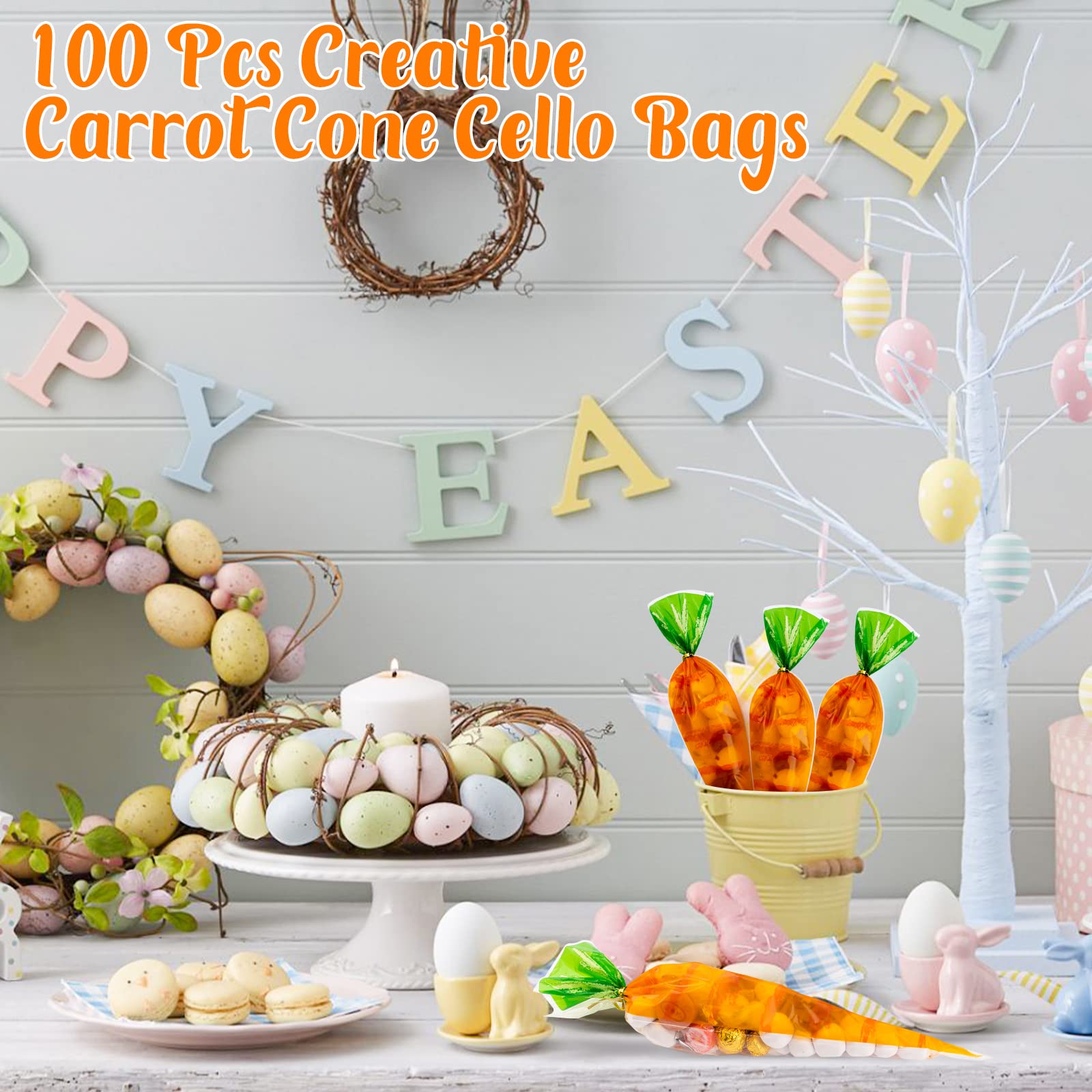 ISKYBOB 100 Sheets Carrot Shaped Plastic Candy Bags - Easter Bunny Treat Cones with Twist Ties for Party Favors, Baby Shower Gifts & Easter Decorations - Perfect for Holiday Celebrations, Classroom Rewards and Candy Packaging