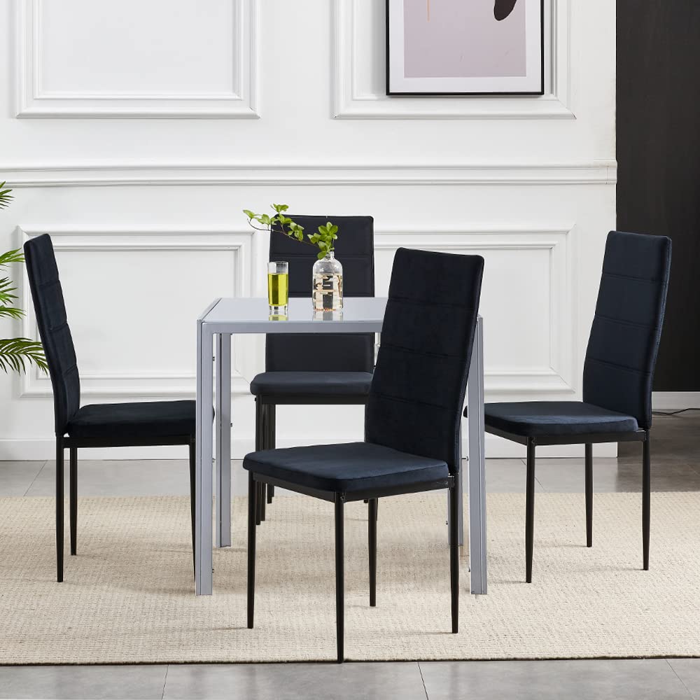 5-Piece Modern Square Grey Glass Dining Table Set with 4 Black Velvet Chairs - Kitchen & Dining Room Furniture for Small Spaces - Perfect for Apartments, Breakfast Nooks and Cozy Family Meals