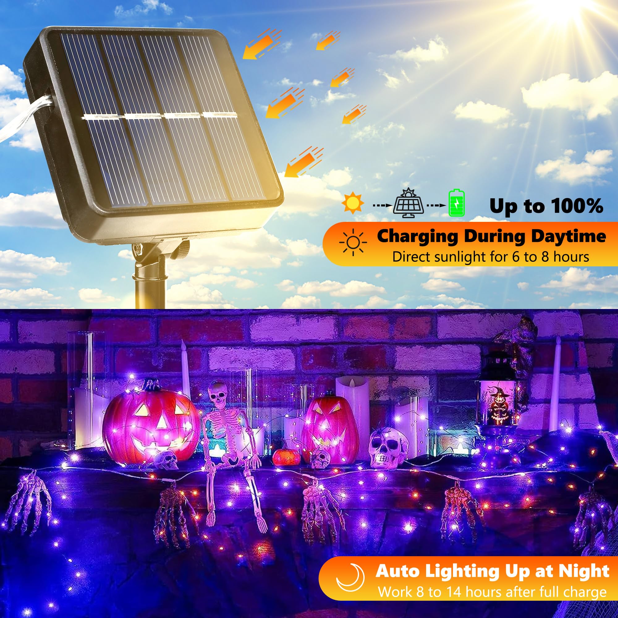 Joomer 2-Pack 100ft Solar String Lights - 300 LED Orange & Purple Halloween Fairy Lights with 8 Modes, Waterproof & Black Wire - Perfect for Halloween Decorations, Garden, Patio, and Outdoor Party Lighting