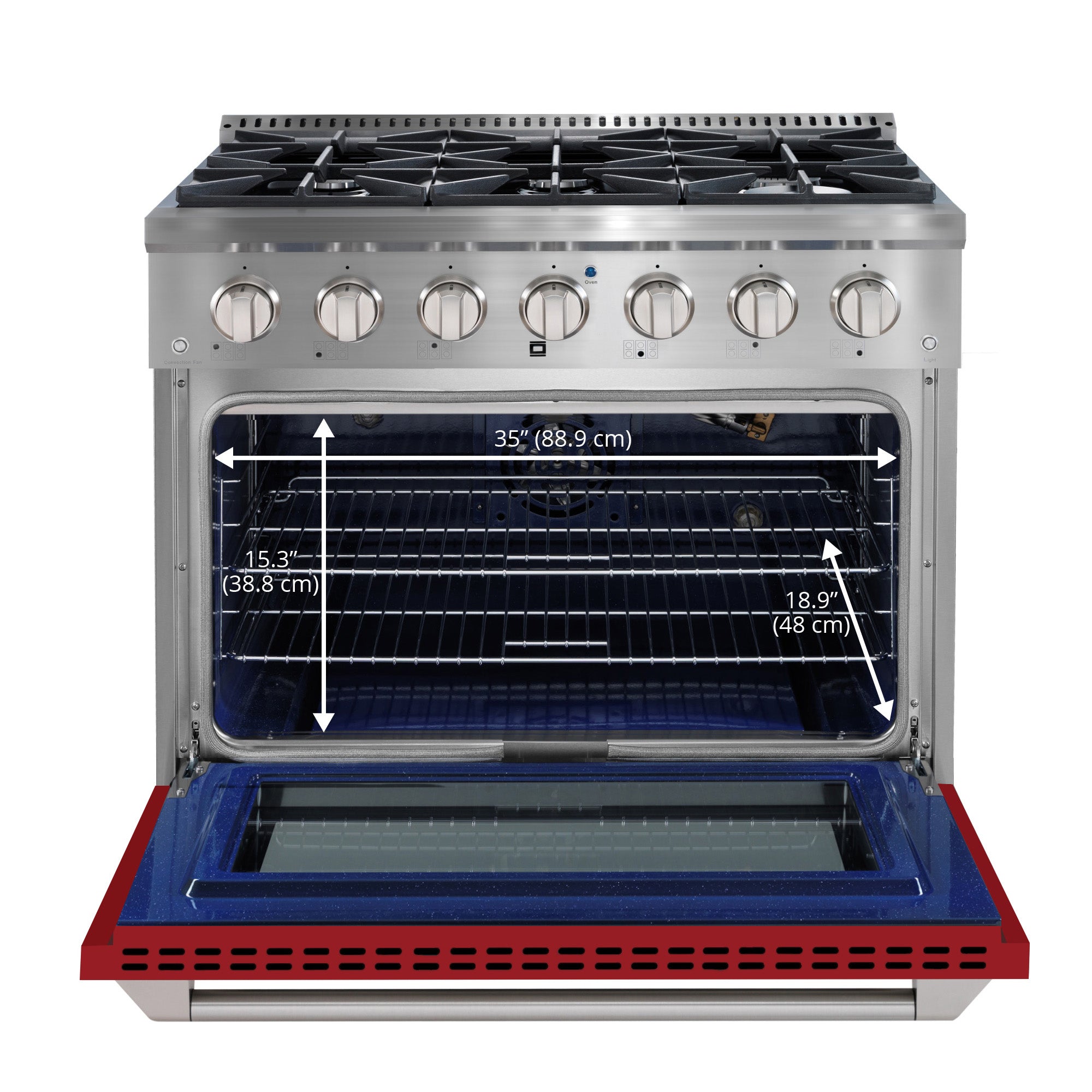 Ancona 36-Inch 5.2 cu. ft. Stainless Steel Gas Range with 6 Burners & Convection Oven - Red Door | Professional Kitchen Appliance for Home Chefs & Cooking Enthusiasts | Perfect for Baking, Roasting & Large Family Meals