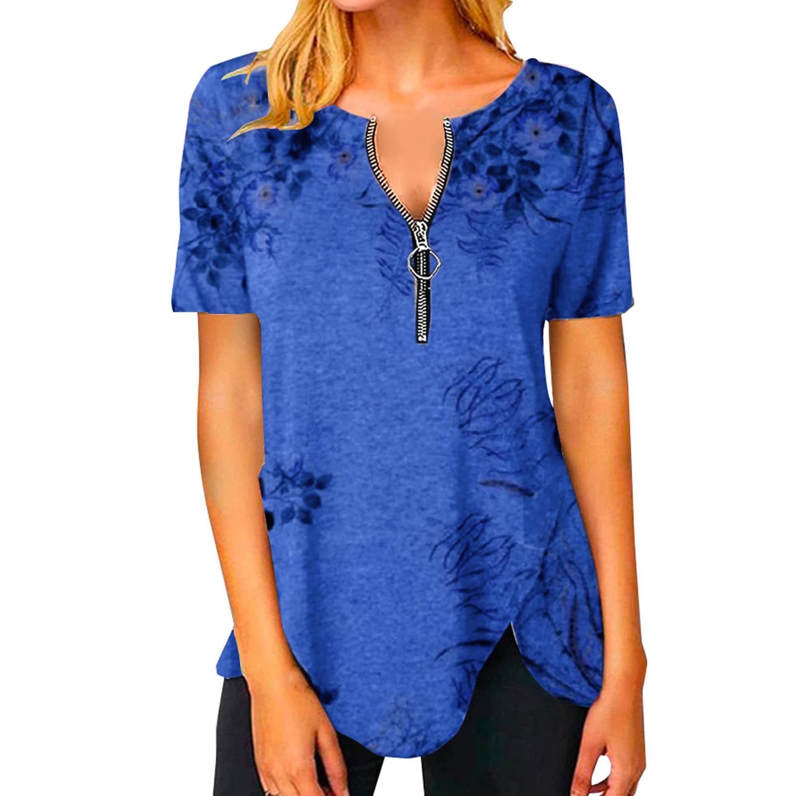 Women's Summer Zip Up Asymmetrical V-Neck T-Shirt with Irregular Hem - Loose Tunic Blouse Short Sleeve Top | Casual Outfit for Beach, Travel & Daily Wear