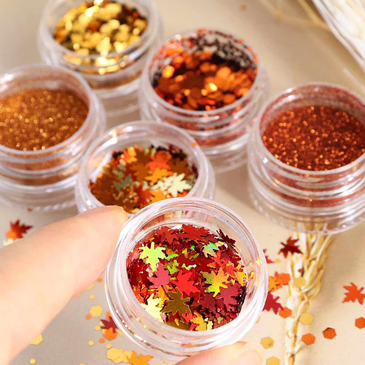 6 Bottles Fall Maple Leaf Nail Glitter Powder - Gold Shiny Nail Art Flakes & Sequins for Acrylic Nails | DIY Autumn Nail Decorations for Women | Perfect for Halloween, Thanksgiving & Fall Party Nail Art