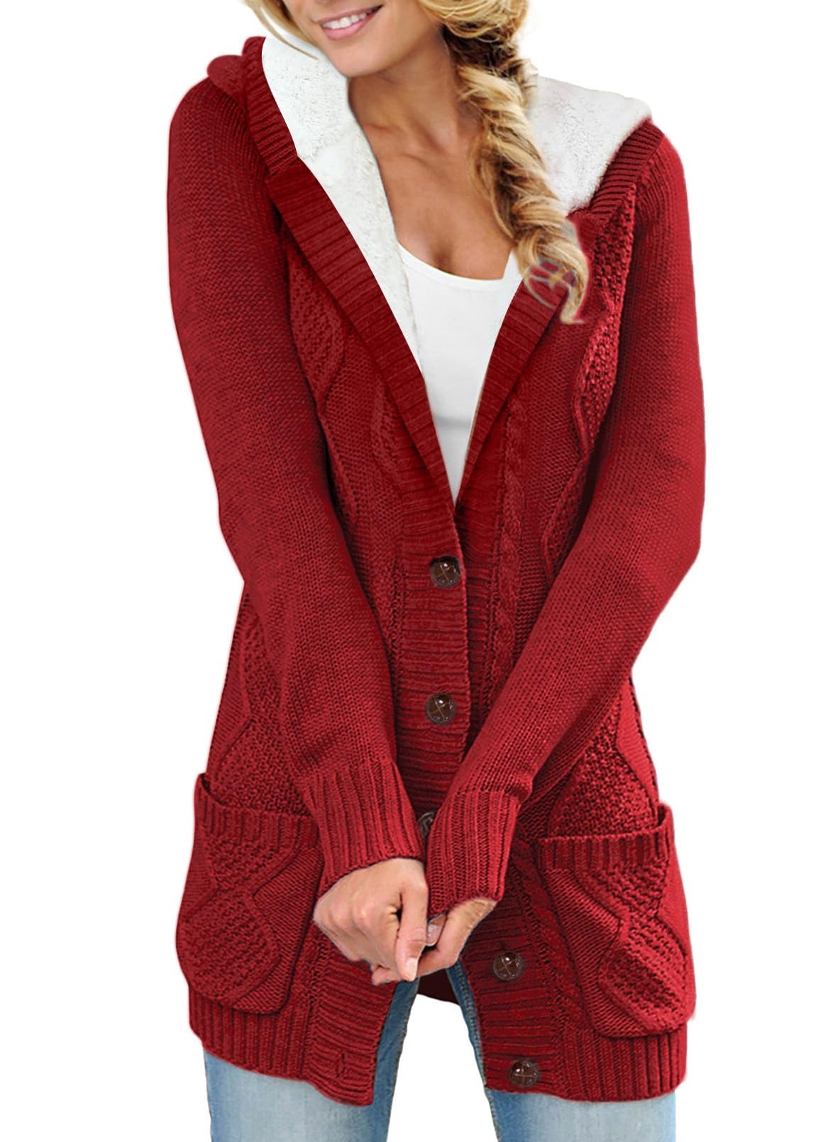 Sidefeel Women's Fleece-Lined Hooded Cardigan Sweater - Winter Warm Button Down Jacket with Pockets | Cozy Office Wear & Casual Outfit Essential