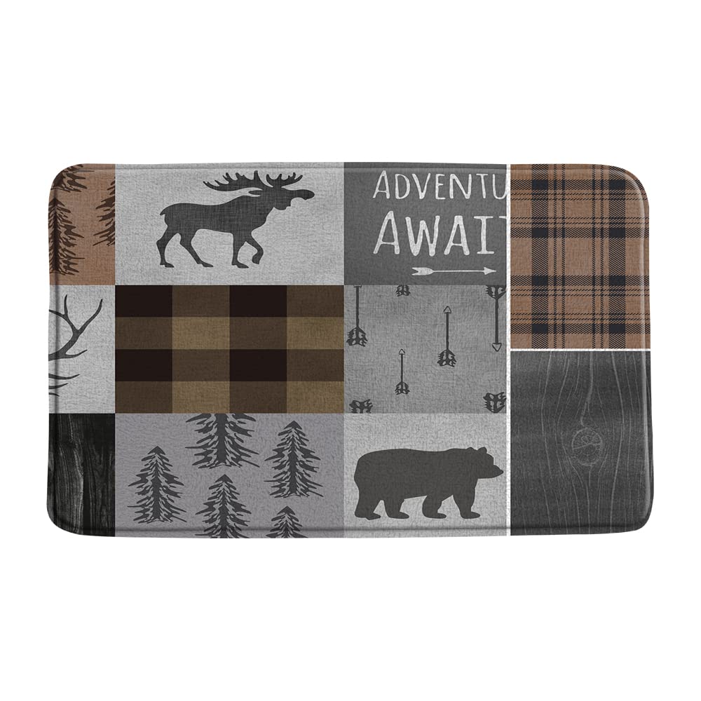 Rustic Bear Bath Mat - Retro Moose Deer Forest Design, Brown Buffalo Check Country Cabin Patchwork - Memory Foam Non-Slip Bathroom & Kitchen Rug (16x48 Inch) - Perfect for Cabin, Hunting Lodge & Farmhouse Decor