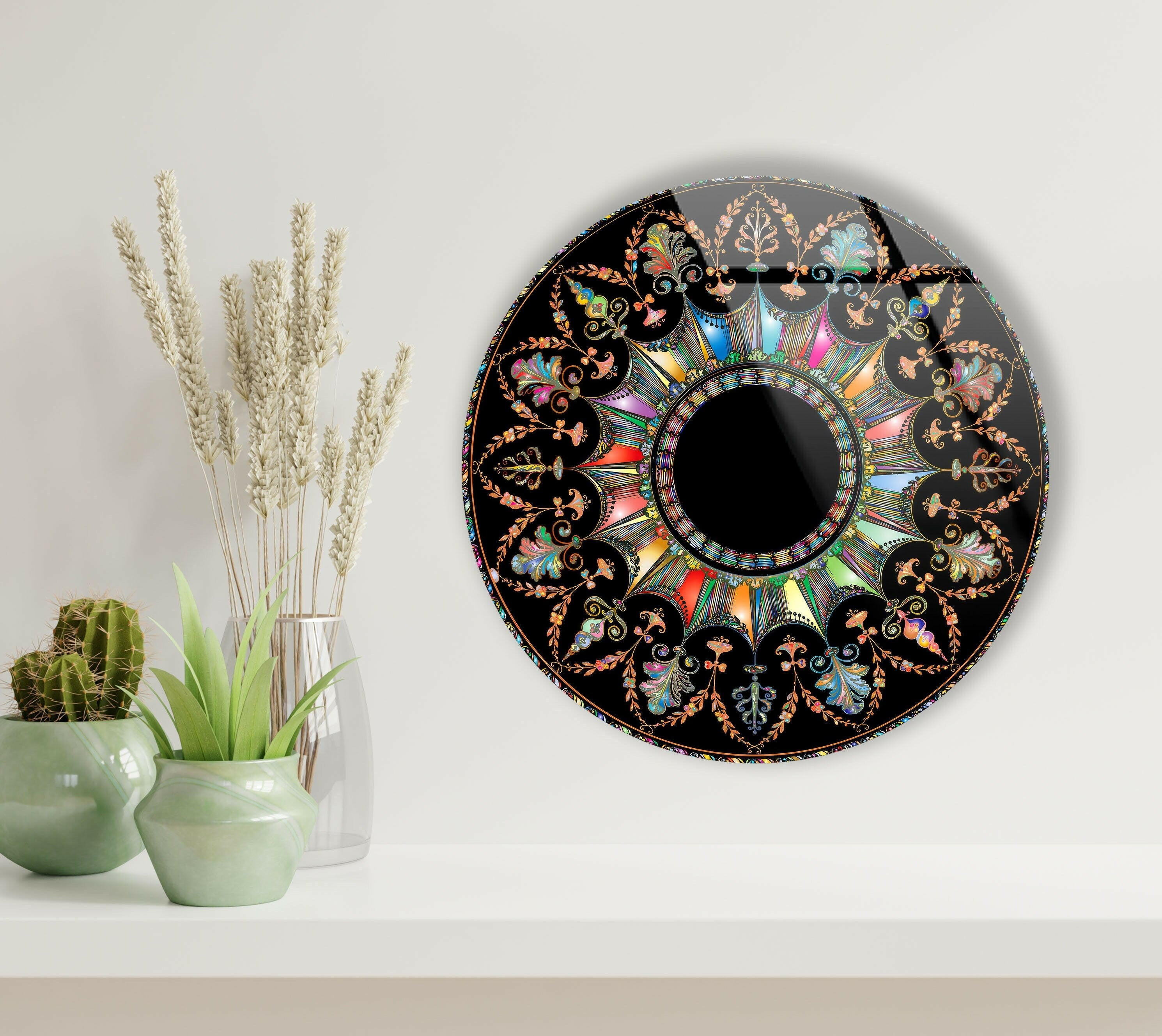 Black Mandala Round Glass Wall Art - Handmade Bohemian Decor for Living Room, Bedroom & Meditation Space