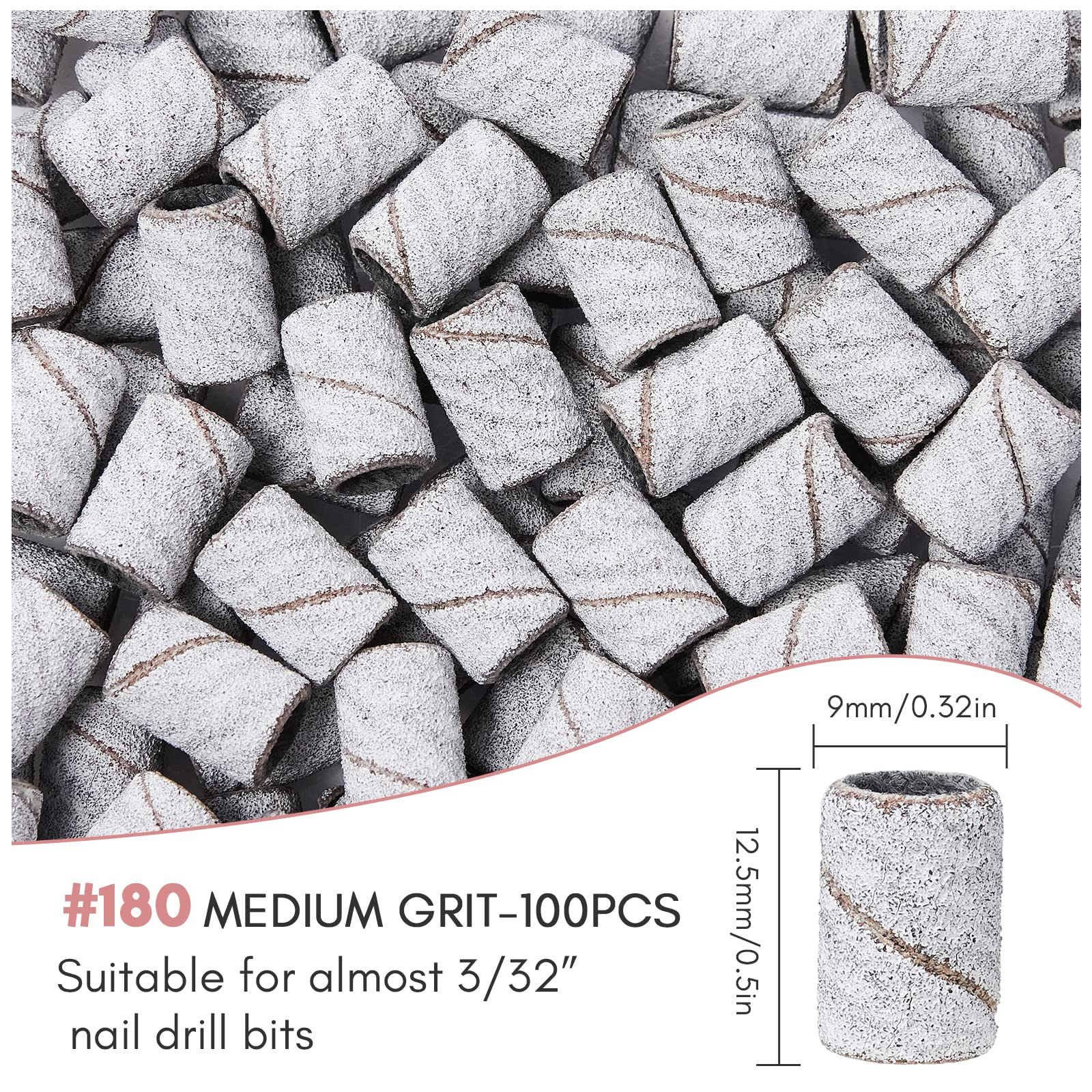 Makartt 100 Pcs Nail Drill Sanding Bands #180 Medium Grits - Professional Acrylic Nails Gel Removal & Shaping - Thicker Durable Sanding Drill Bits for Manicure & Pedicure - Perfect for Salon, Home Nail Care & DIY Nail Art