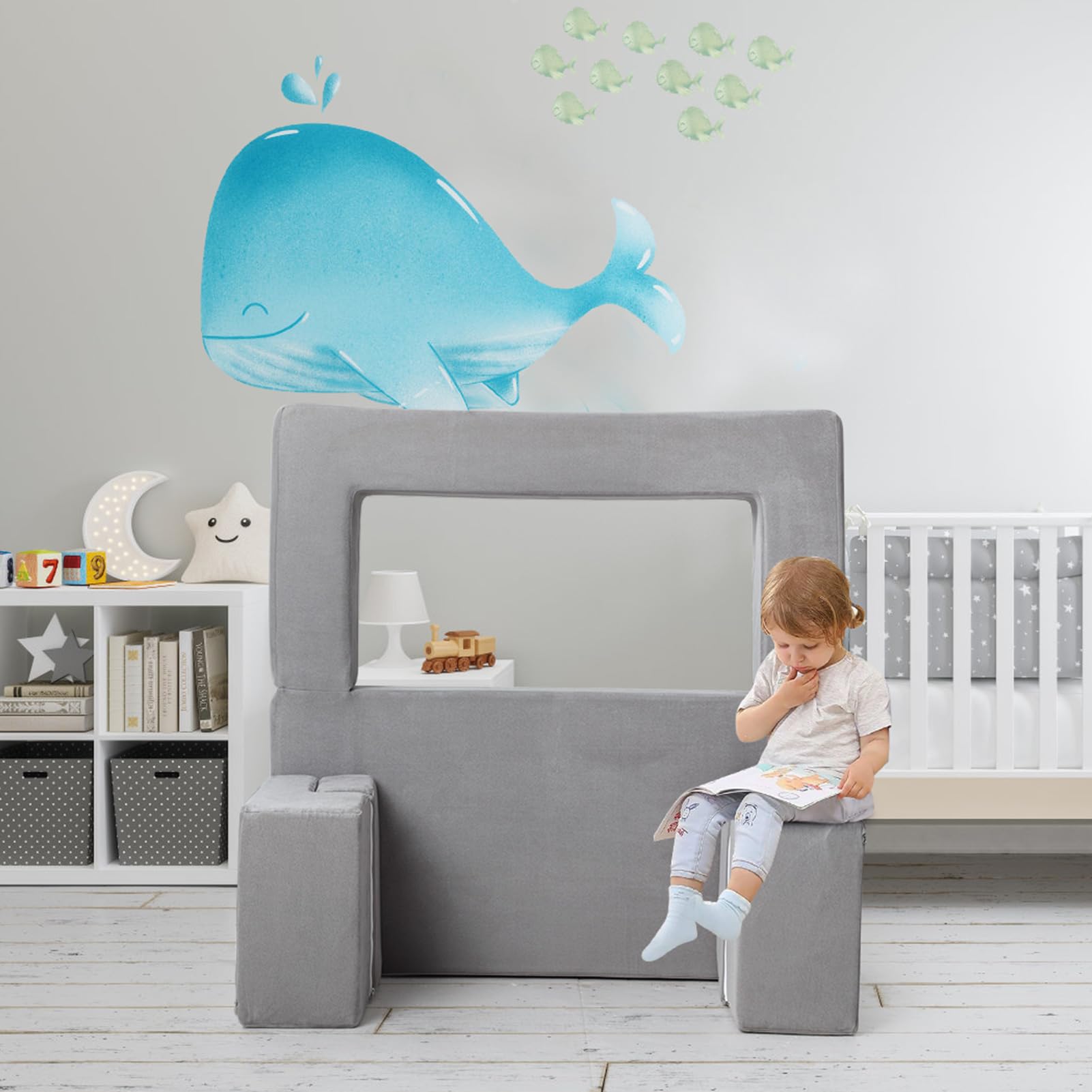 Modular Kids Couch for Toddlers - Convertible Playroom & Bedroom Furniture for Boys & Girls - Soft Grey Children's Sofa for Playing, Napping & Imaginative Play - Perfect for Daycare, Preschool & Home Play Areas