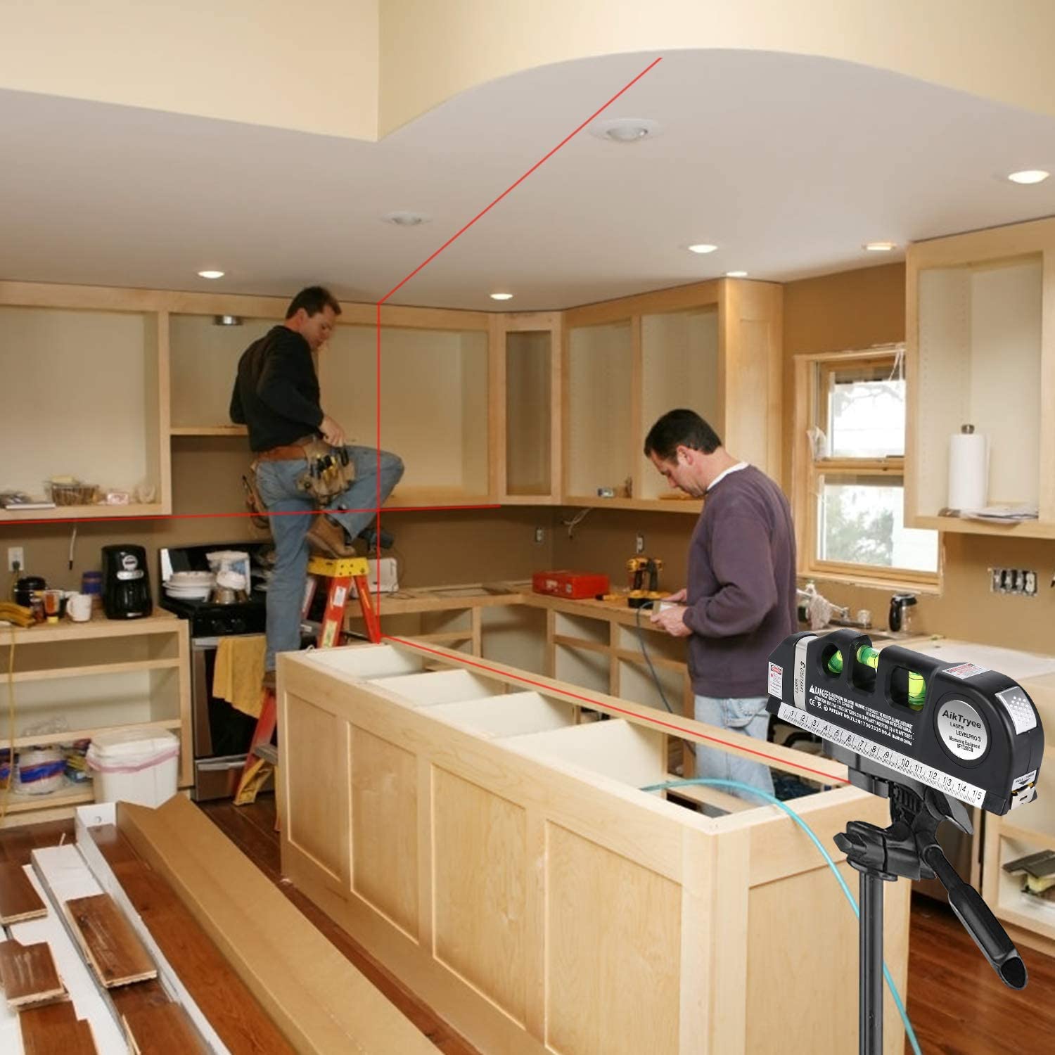 MORE BUY Self-Leveling Laser Level Tool - 360° Horizontal & Vertical Alignment with Bubble Vials, Measuring Tape & Ruler - Perfect for Construction, DIY Projects, Picture Hanging & Home Renovation (Black)