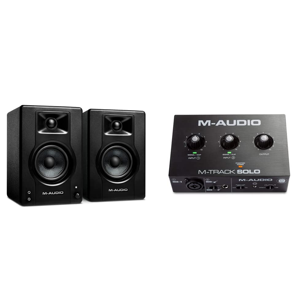 M-Audio M-Track Solo USB Audio Interface & BX3 120W Studio Monitors Bundle – Complete Recording, Streaming, Podcasting Kit with Software Suite for Home Studios, Content Creators & Musicians