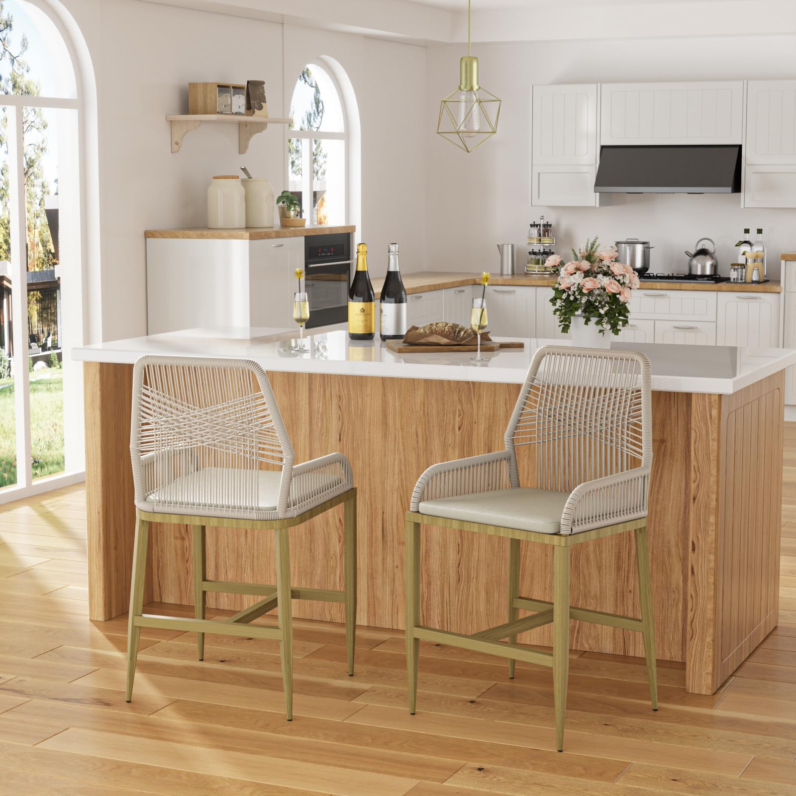 Set of 2 Boho Rattan Bar Stools 26.5