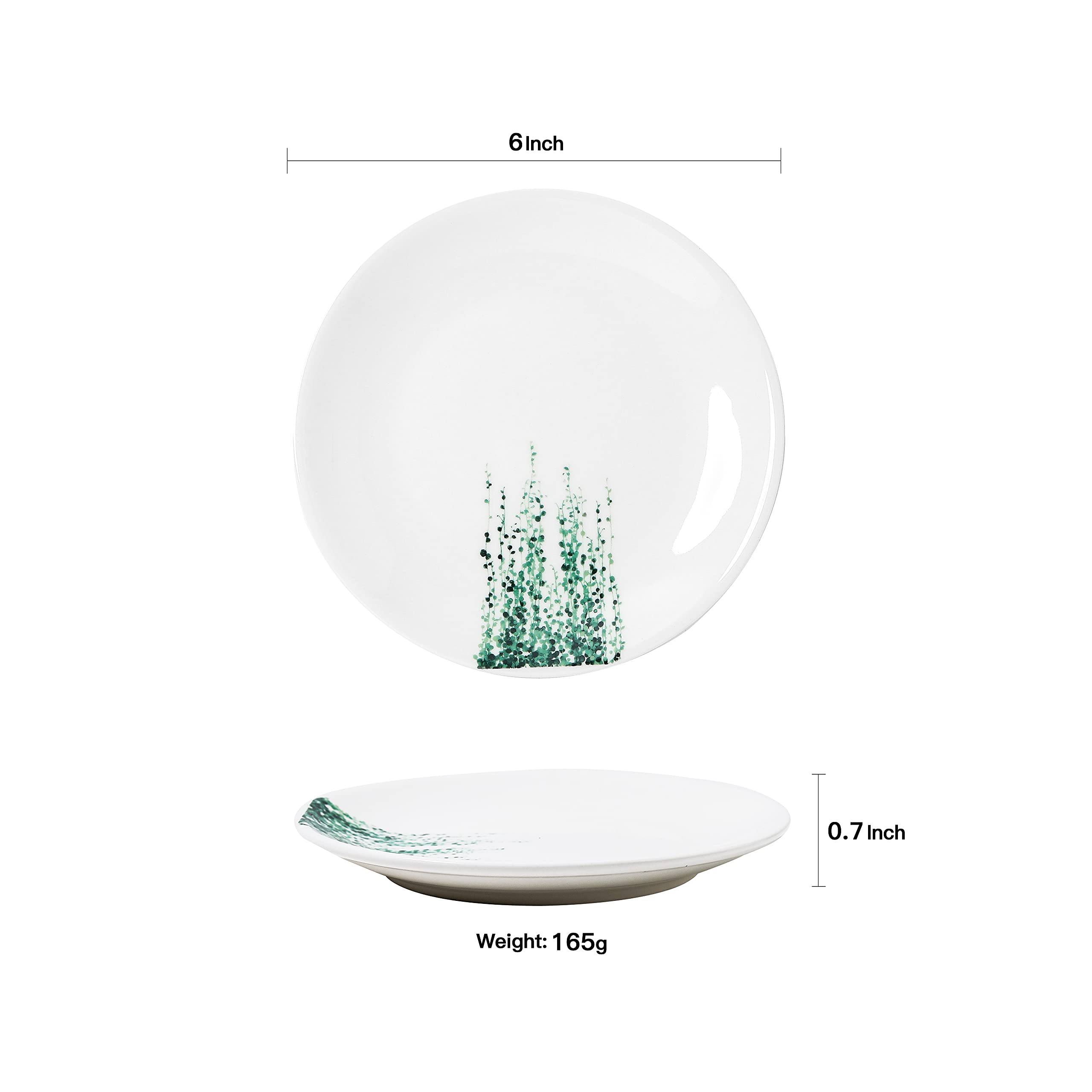 6-Piece Small Porcelain Appetizer Plates Set - 6 Inch White Ceramic Dessert Plates with Botanical Patterns, Microwave & Dishwasher Safe - Perfect for Luncheons, Snacks, Bread Serving & Party Dining