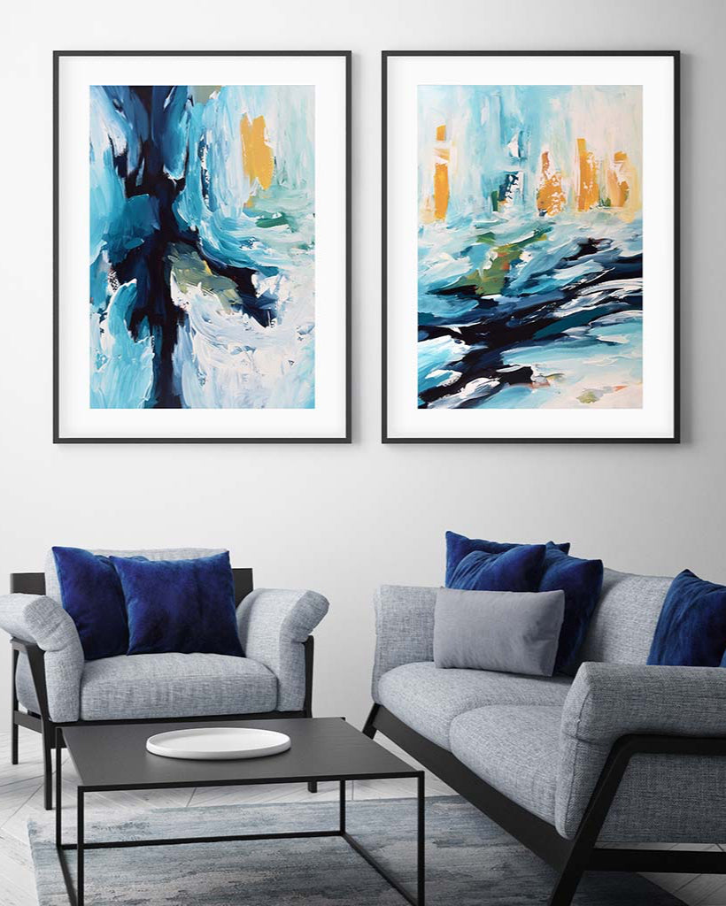 Teal and Gold Abstract Art Print Set of 2 - Modern Wall Decor for Living Room, Bedroom & Office