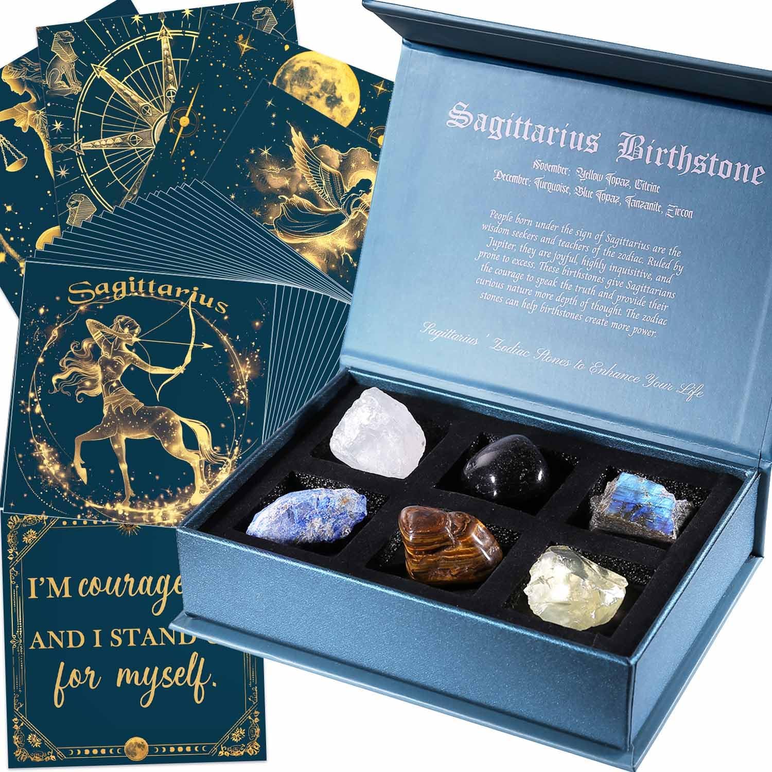 Sagittarius Birthday Gift Set with 6 Healing Crystals & 50 Daily Affirmation Cards - Natural Stones with Inspirational Quotes, Spiritual Gifts for Women - Perfect for Meditation, Yoga & Positive Energy Boosting