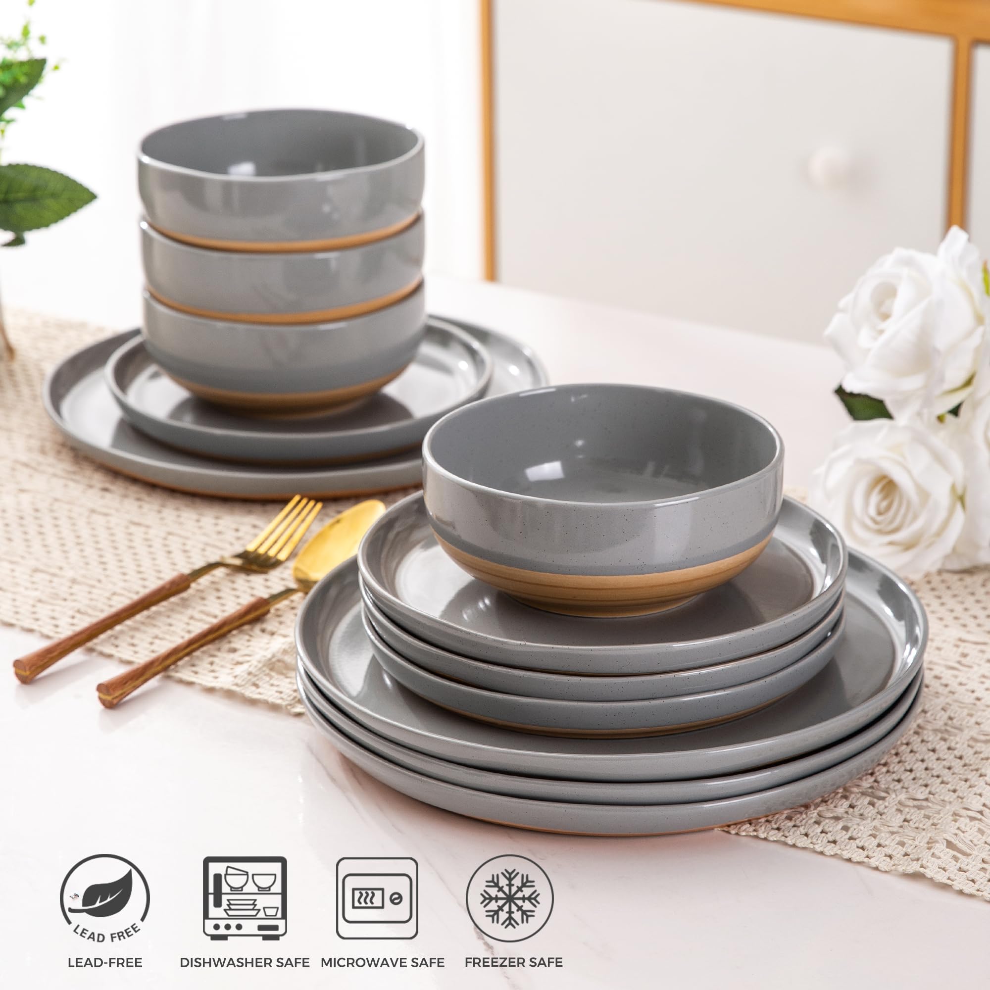 AmorArc 12-Piece Ceramic Dinnerware Set for 4 - Hand-Painted Stoneware Plates & Bowls with Rustic Terracotta Underside, Scratch Resistant, Dishwasher & Microwave Safe, Gray - Perfect for Family Dinners, Entertaining Guests & Everyday Use