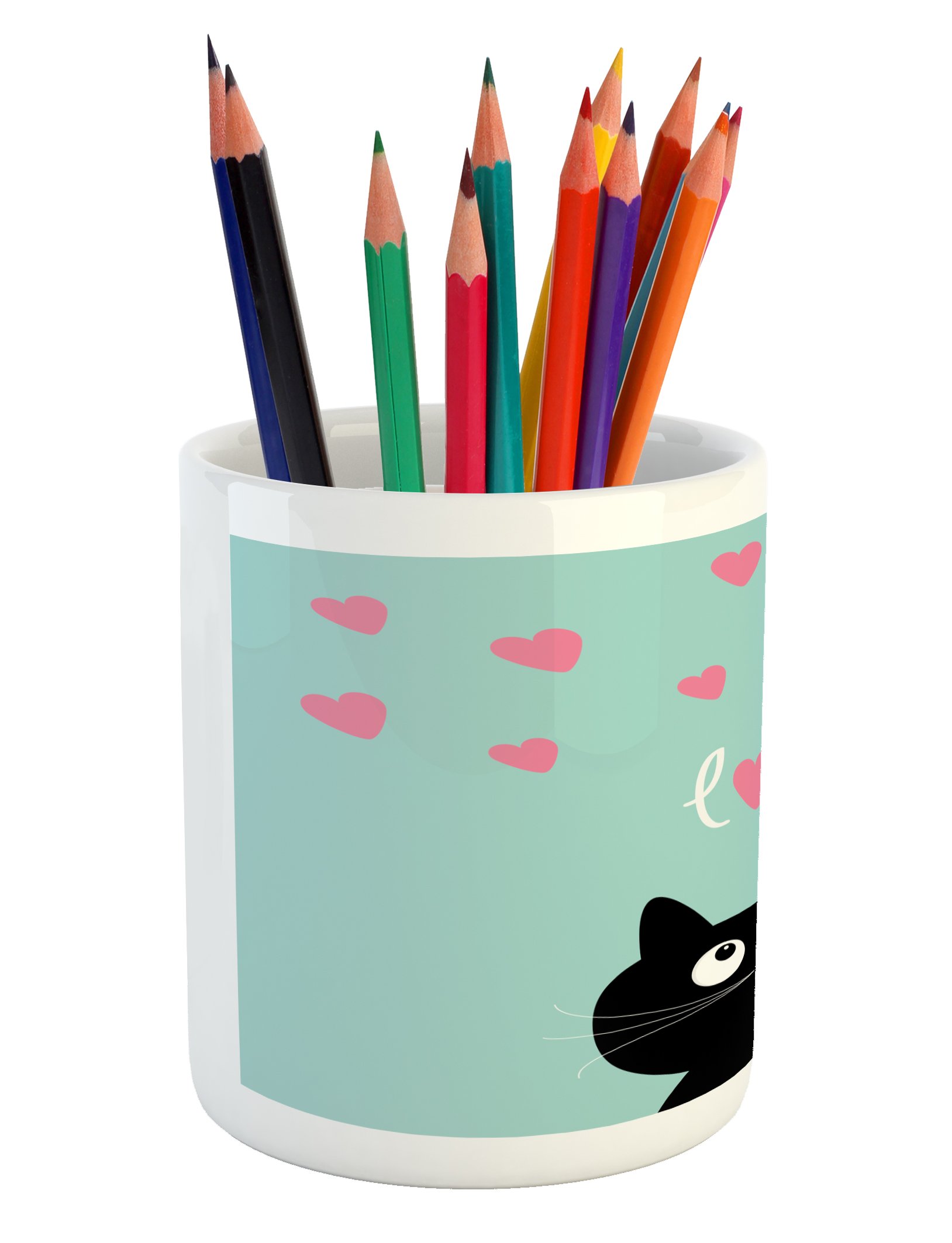 Valentine's Day Ceramic Pencil Holder - Cute Kitty Heart Cat Illustration Desk Organizer, 3.6