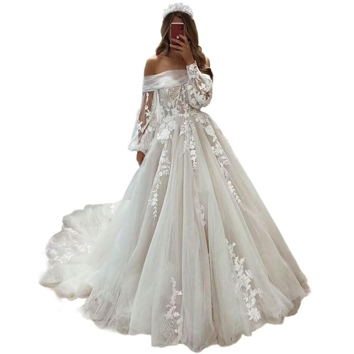 Elegant Off Shoulder Wedding Dress for Bride - Beach Wedding Gown with Puffy Tulle Sleeves & Flowing Train | Perfect for Beach Ceremonies, Vow Renewals and Romantic Photoshoots