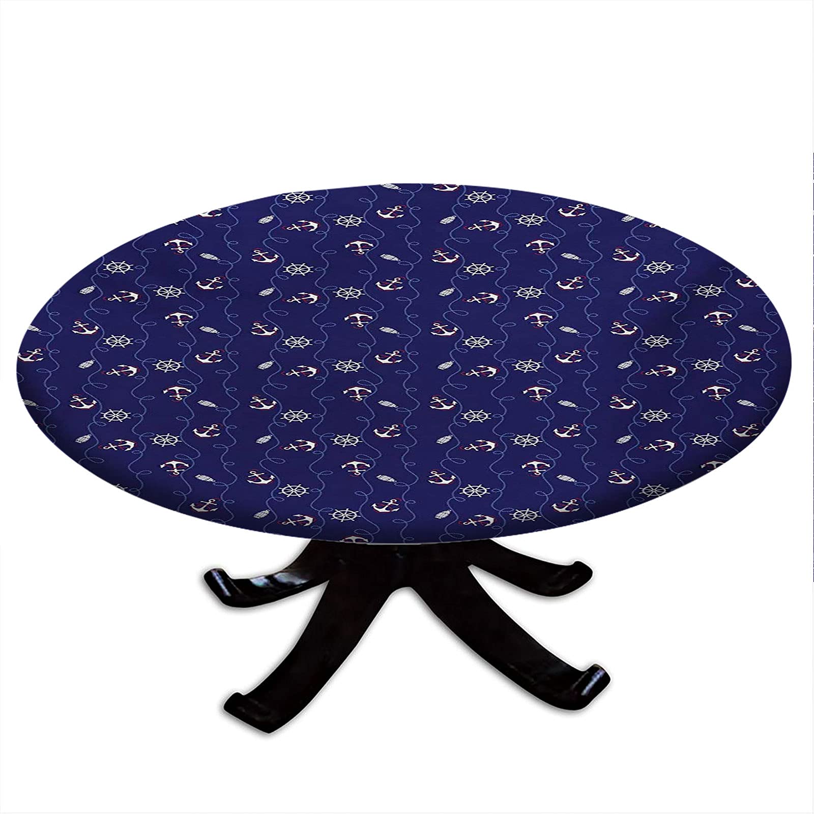 Waterproof Round Fitted Anchor Tablecloth - Navy Blue with White & Ruby Helm Design, Wipeable Table Cover for 31