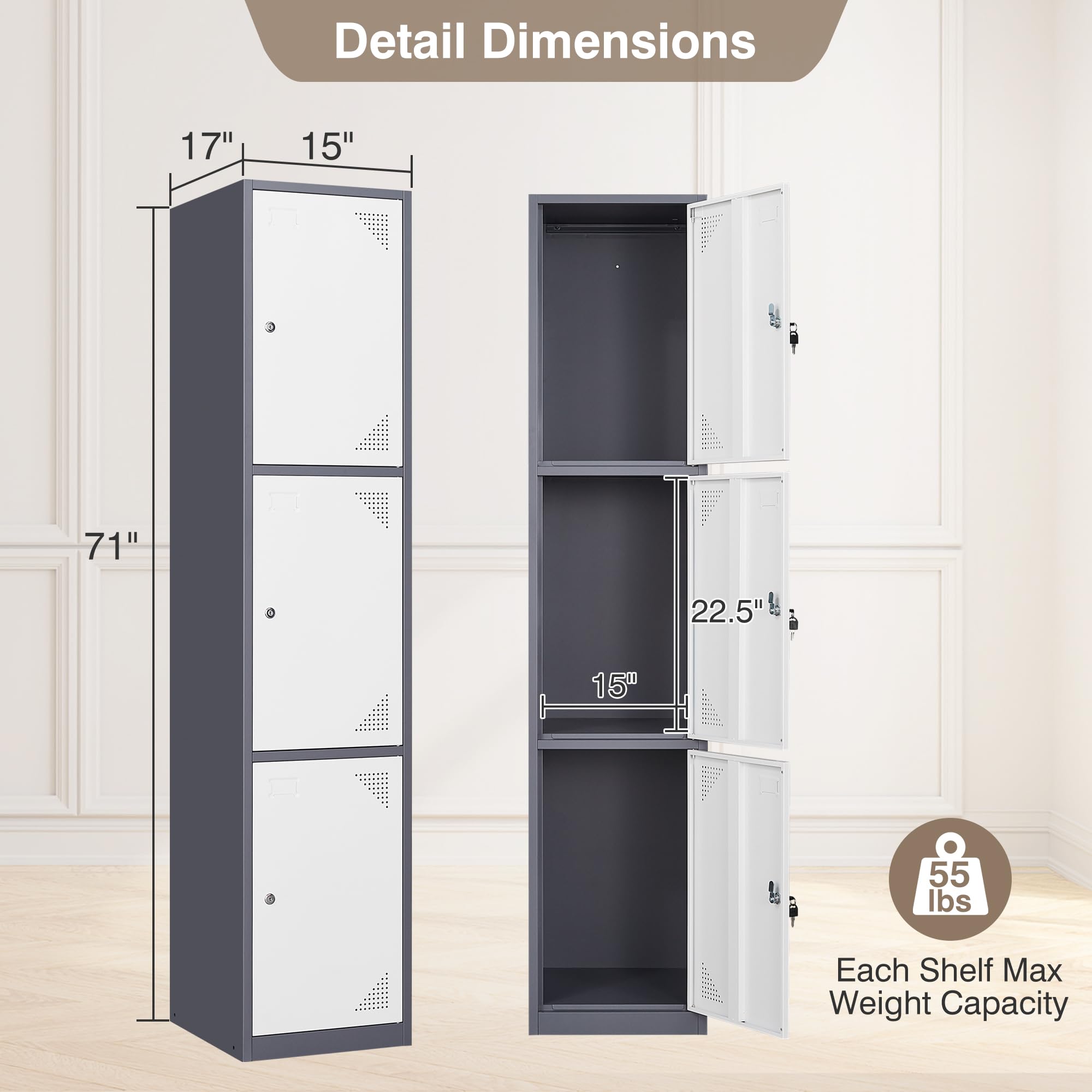 Heavy-Duty 3-Door Metal Lockers with Lock for Employees - 71