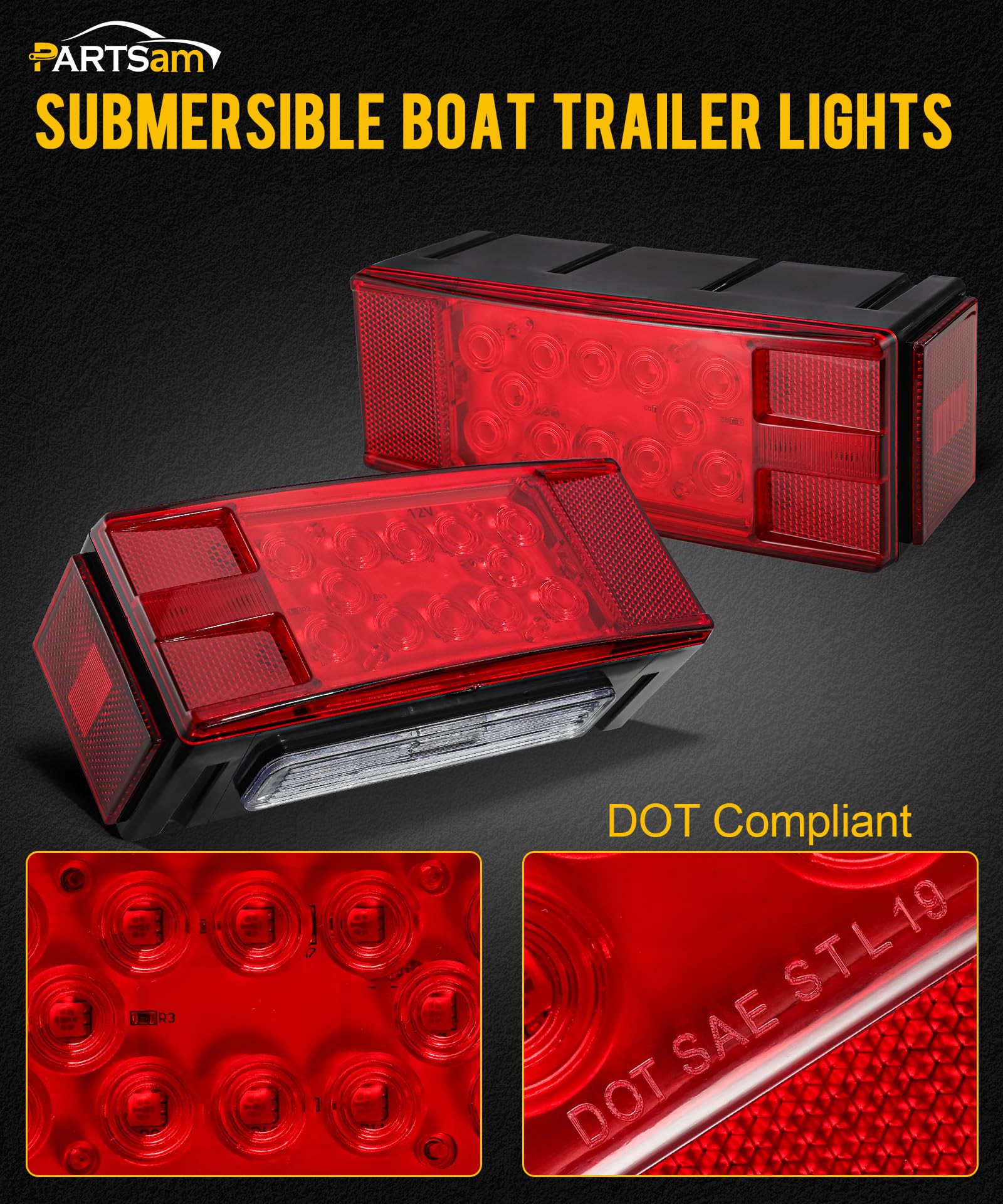 Partsam 12V LED Submersible Waterproof Trailer Lights - Low Profile Rectangular Stop/Turn/Tail Lights with License Plate Light - Ideal for Boat Trailers, Truck Trailers & RV Trailers (Durable Sealed Design for All Weather Conditions)