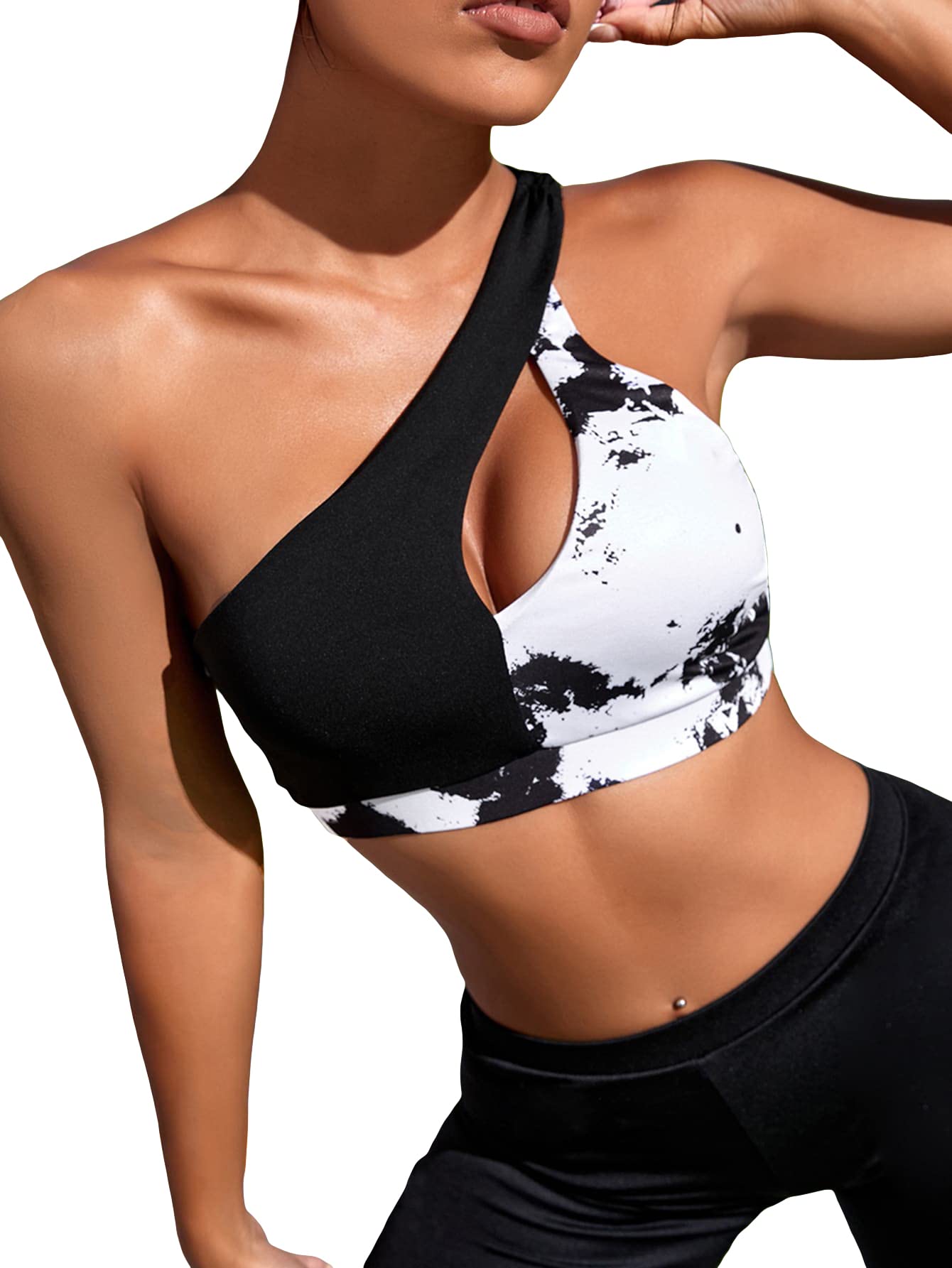 Floerns Women's Sports Bra - Cut Out One Shoulder Colorblock Yoga Running Bralette - High Support Workout Top for Gym, Running & Yoga | Breathable & Comfortable Activewear