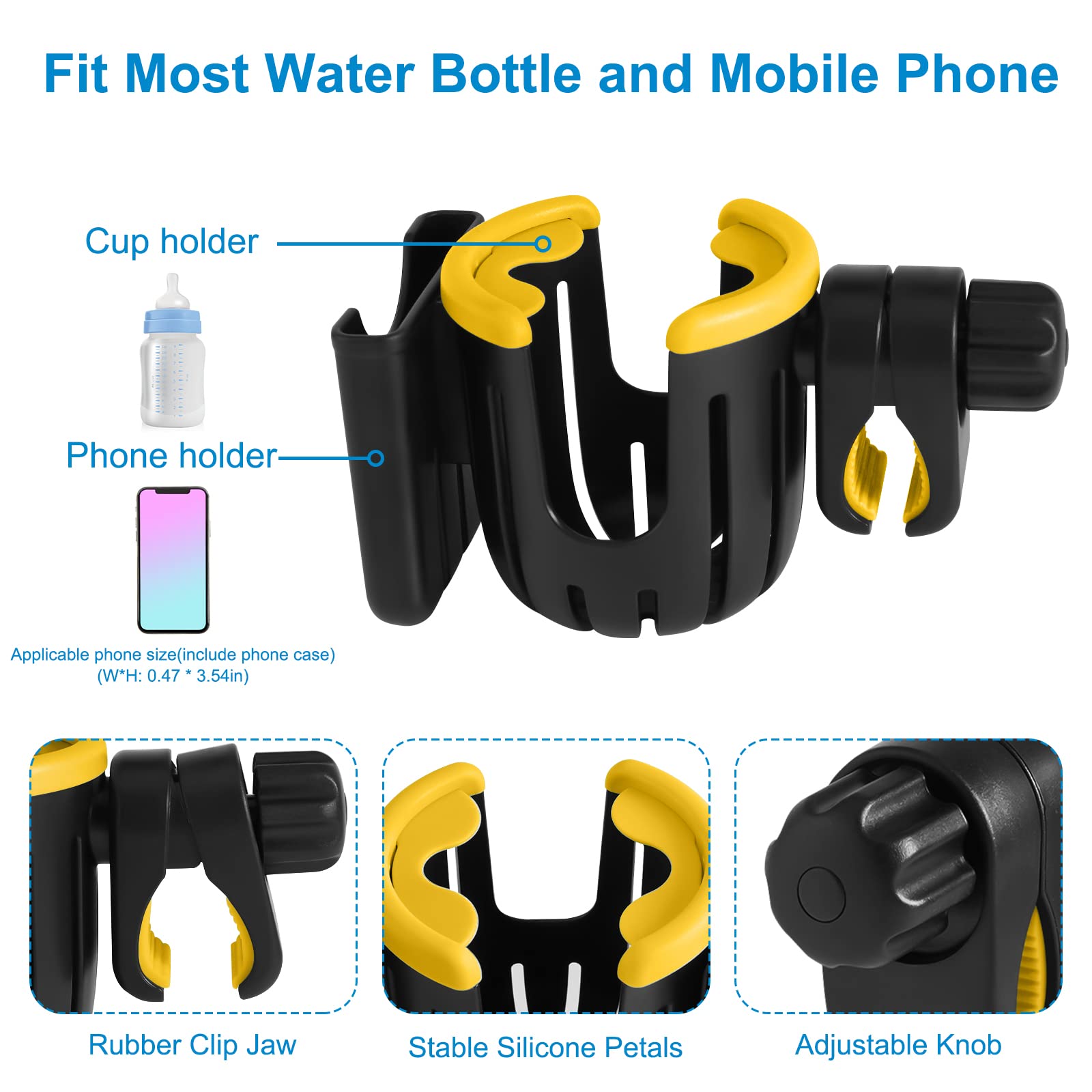 **Accmor Universal 2-in-1 Cup & Phone Holder for Strollers, Bikes, Walkers & Wheelchairs - Black & Yellow - Perfect for Parents, Cyclists & Seniors On-the-Go**