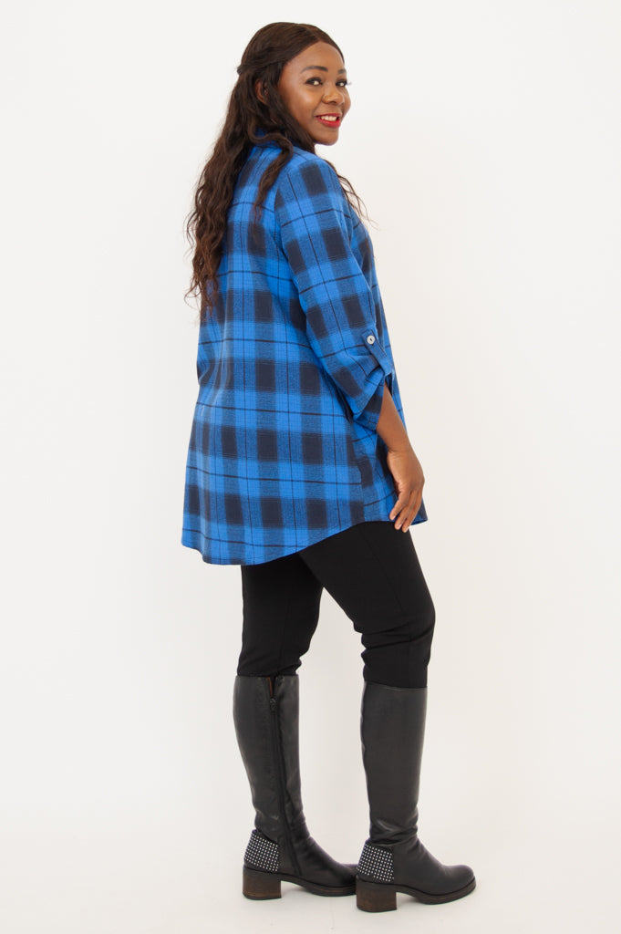Celine Women's Cotton Tunic Top - Neptune Plaid Print, Casual Long Blouse for Work, Office & Everyday Wear