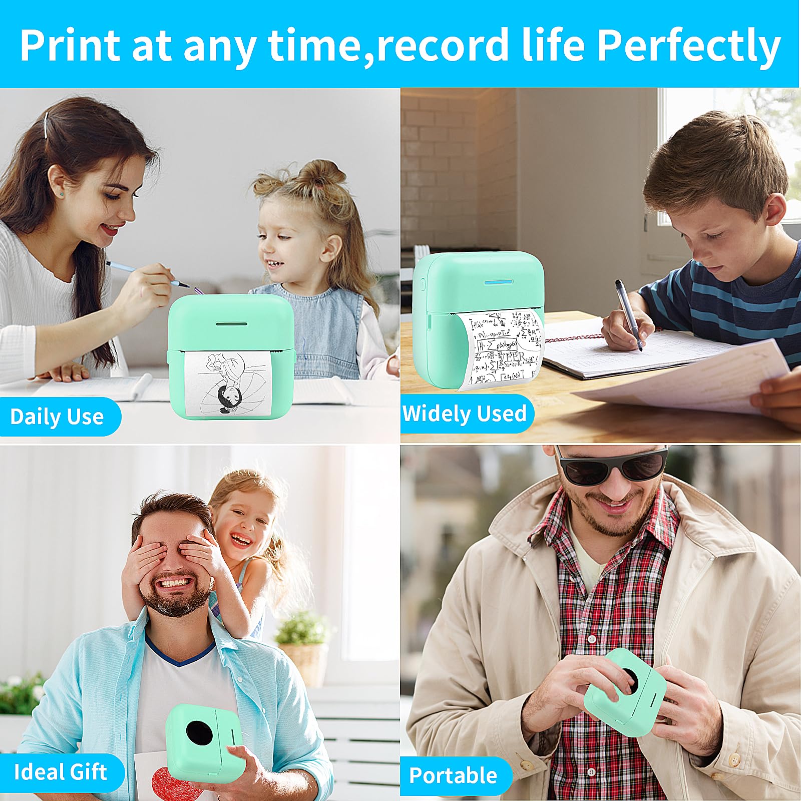 HuiJuKeJi Mini Sticker Printer - Portable Bluetooth Thermal Printer for iOS & Android with 11 Rolls Inkless Paper - Print Photos, Receipts, Journals, Notes & Memos - Perfect for DIY Crafts, Scrapbooking & Home Organization (Green)
