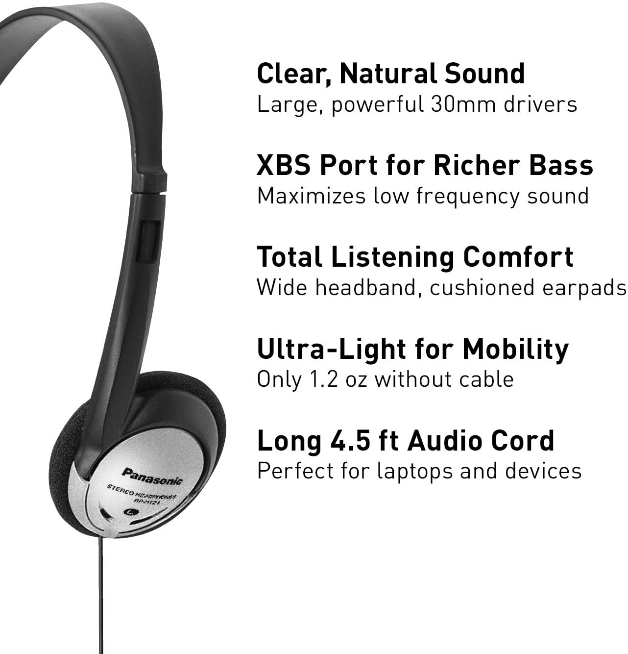 Panasonic RP HT21 Lightweight On-Ear Headphones with XBS Bass - Gray | Perfect for Travel, Work & Gaming