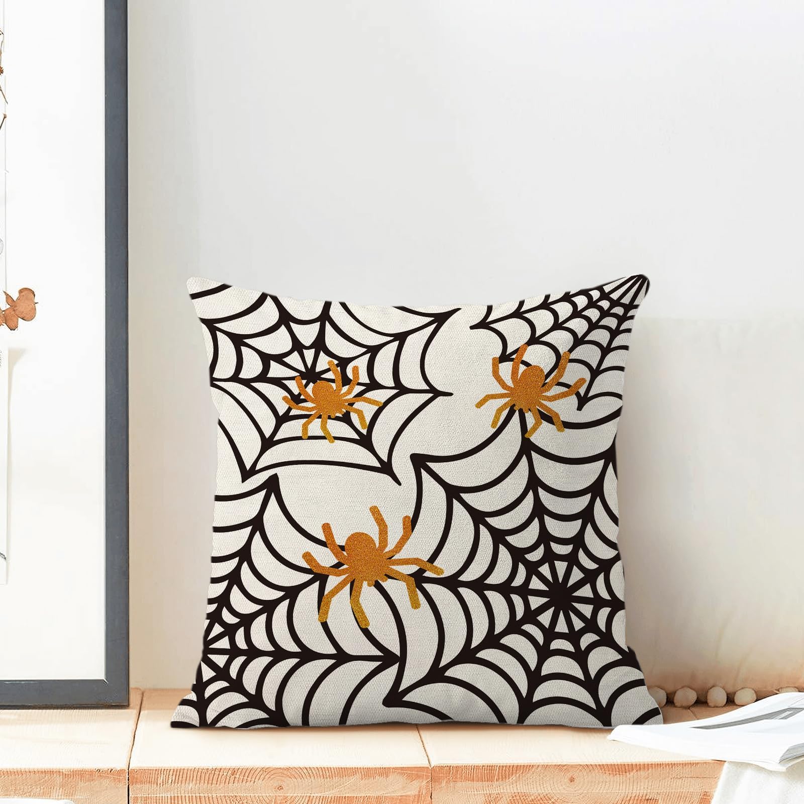 Spider Web Throw Pillow Covers 16x16 Inch Set of 2 - Halloween Farmhouse Decor, Outdoor Spider Web Cushion Cases for Sofa, Bed, Home & Office - Perfect for Halloween Party Decorations & Cozy Fall Home Decor