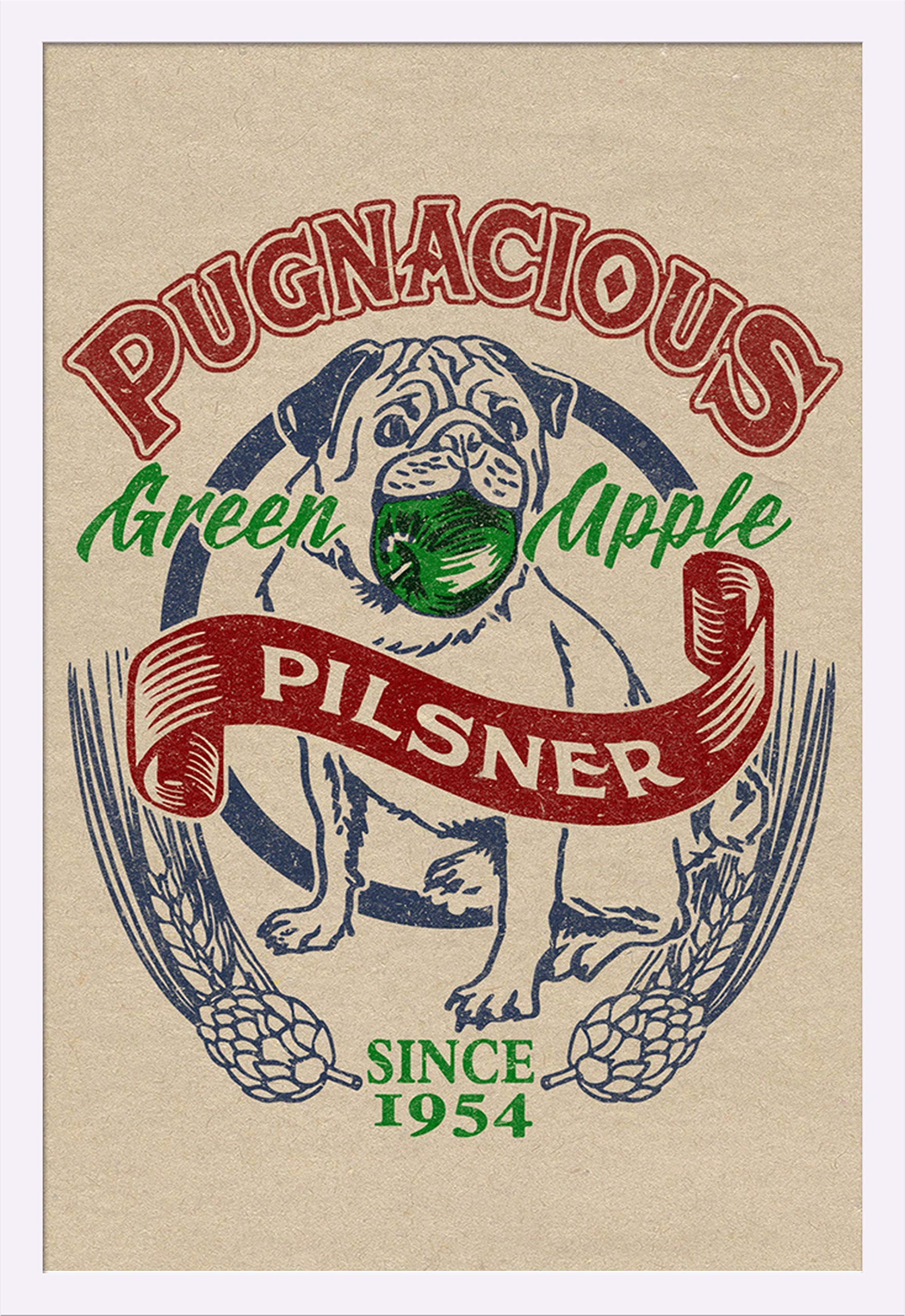 Pug Dog Green Apple Pilsner Retro Beer Poster Art Print - 24x36 Inch Giclee Canvas - White Wood Gallery Frame - Vintage Bar Decor for Man Cave, Pub & Home Wall Art