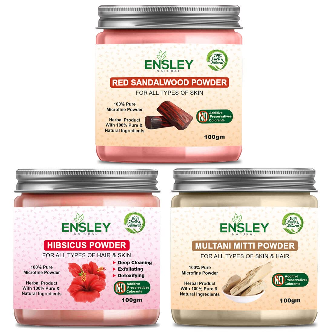 Ensley Red Sandalwood, Hibiscus & Multani Mitti Powder Face Pack - 300g (3 x 100g) for Glowing Skin | Natural Exfoliating & Brightening Facial Treatment for Acne, Blackheads & Oil Control | Perfect for Daily Skincare Routine