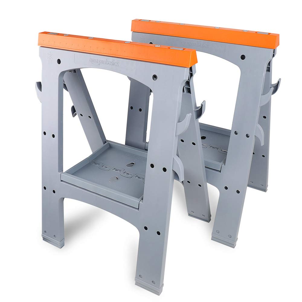 Amazon Basics Heavy Duty Folding Sawhorse Set of 2 - 900 lb Capacity, Adjustable Height Workbench Support for Woodworking, Construction, Painting Projects (Orange & Grey)