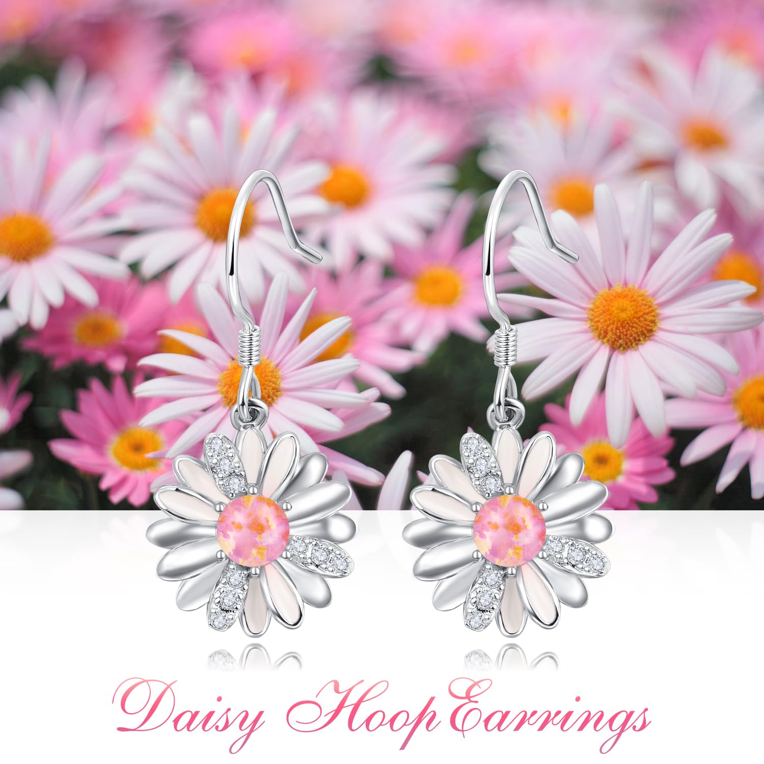 KINGWHYTE 925 Sterling Silver Daisy Dangle Earrings with Opal - Elegant Floral Jewelry for Women & Girls | Perfect for Weddings, Parties & Everyday Wear