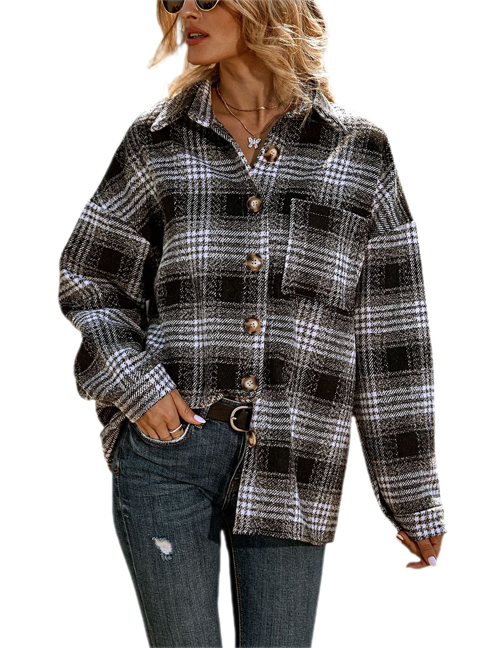 Women's Casual Plaid Wool Blend Lapel Button Down Shacket Coat - Stylish Fall & Winter Outerwear for Work, Travel and Everyday Wear