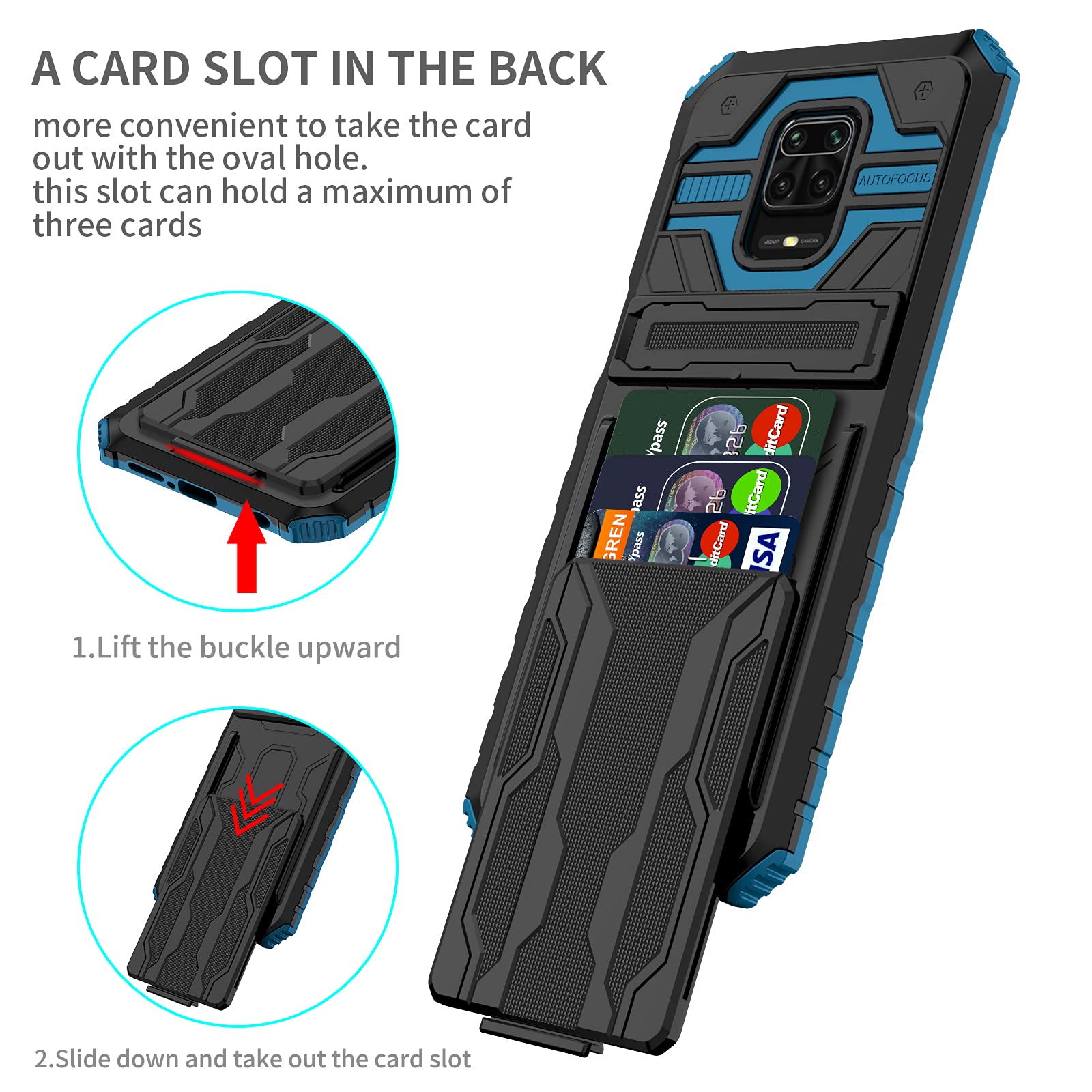 Premium Shockproof Phone Case for Xiaomi Redmi Note 9 Pro/Note 9S/Note 9 Pro Max/Poco M2 Pro - 360° Protection with Built-in Card Holder & Kickstand, Includes Tempered Glass Screen Protector (Blue) - Perfect for Daily Use, Travel, and Hands-Free Viewing