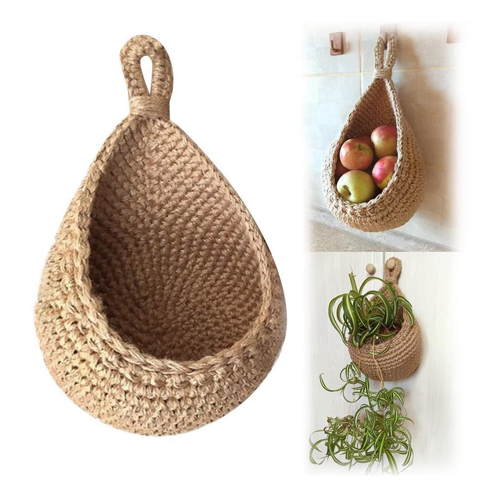 HATAK XL Handwoven Jute Hanging Wall Basket - Eco-Friendly Teardrop Storage for Fruits, Vegetables & Kitchen Organization | Perfect for Farmhouse Decor & Pantry Storage