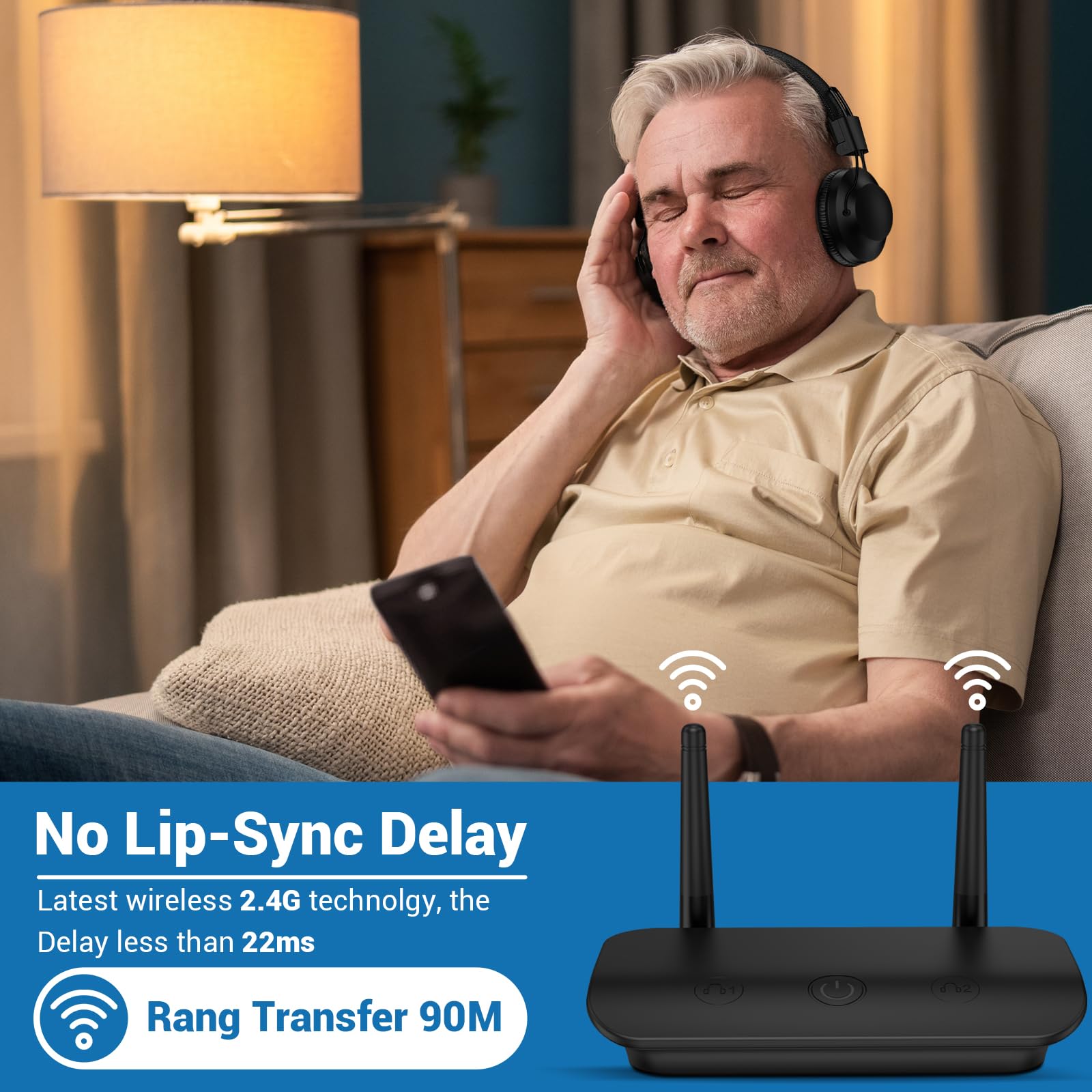 ROSIDA Wireless TV Headphones for Seniors - 295FT Range with Transmitter, Optical/AUX/RCA/USB Connectivity, High Volume Control, Long Battery Life & Zero Latency (Black) - Perfect for Nighttime TV Watching, Hearing Assistance & Private Audio Enjoyment