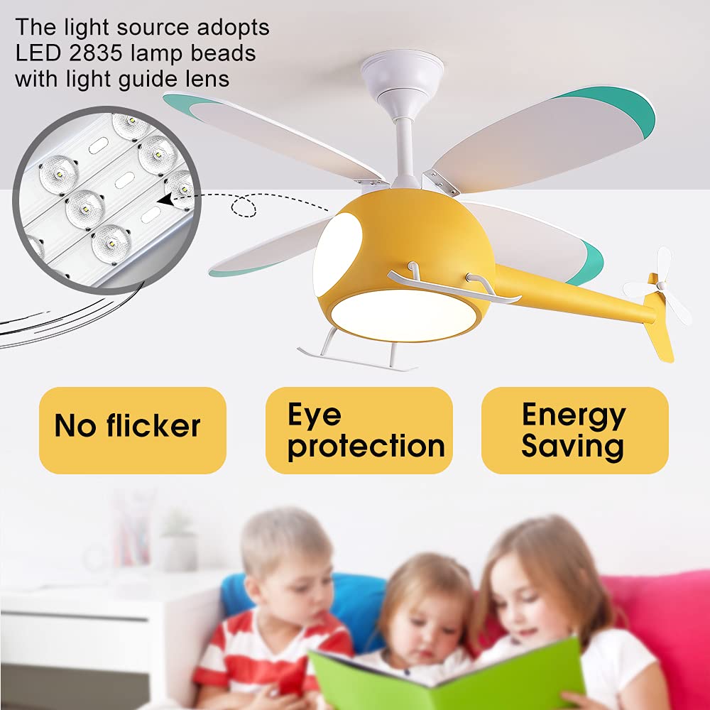 42 Inch Kids Helicopter Ceiling Fan with Remote Control & LED Lights - Cartoon Bedroom Fan for Boys & Girls - Perfect for Children's Room, Nursery, Playroom (Yellow)