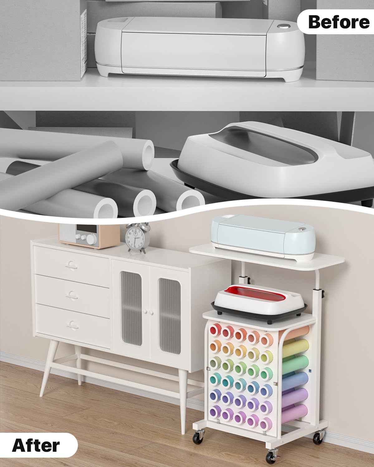Rolling Craft Cart with Vinyl Roll Holder & Adjustable Height - Craft Storage Organizer Table Compatible with Cricut Machines | Perfect for Scrapbooking, DIY Projects & Craft Room Organization