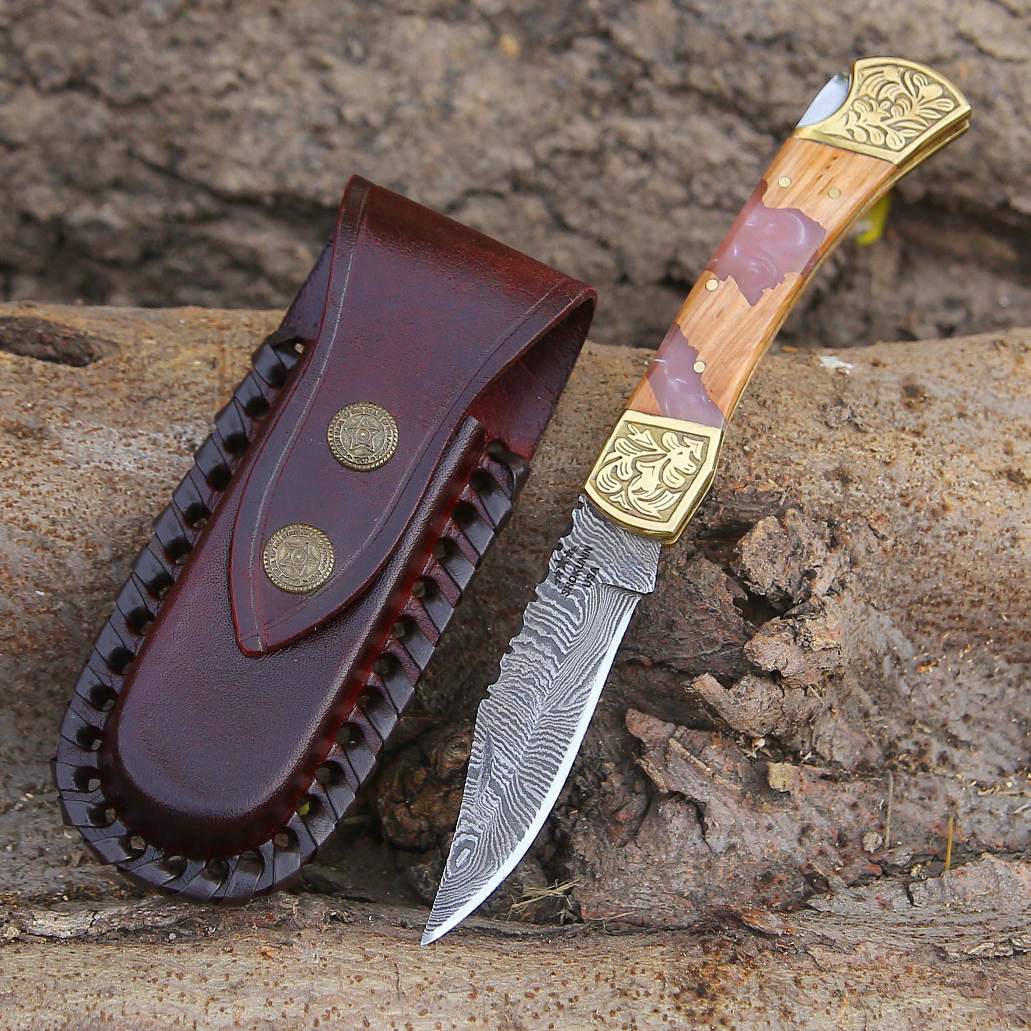 Handmade Damascus Steel Pocket Knife with Leather Sheath & Olive Wood Handle - Perfect for Camping, Hiking, EDC & Outdoor Adventures