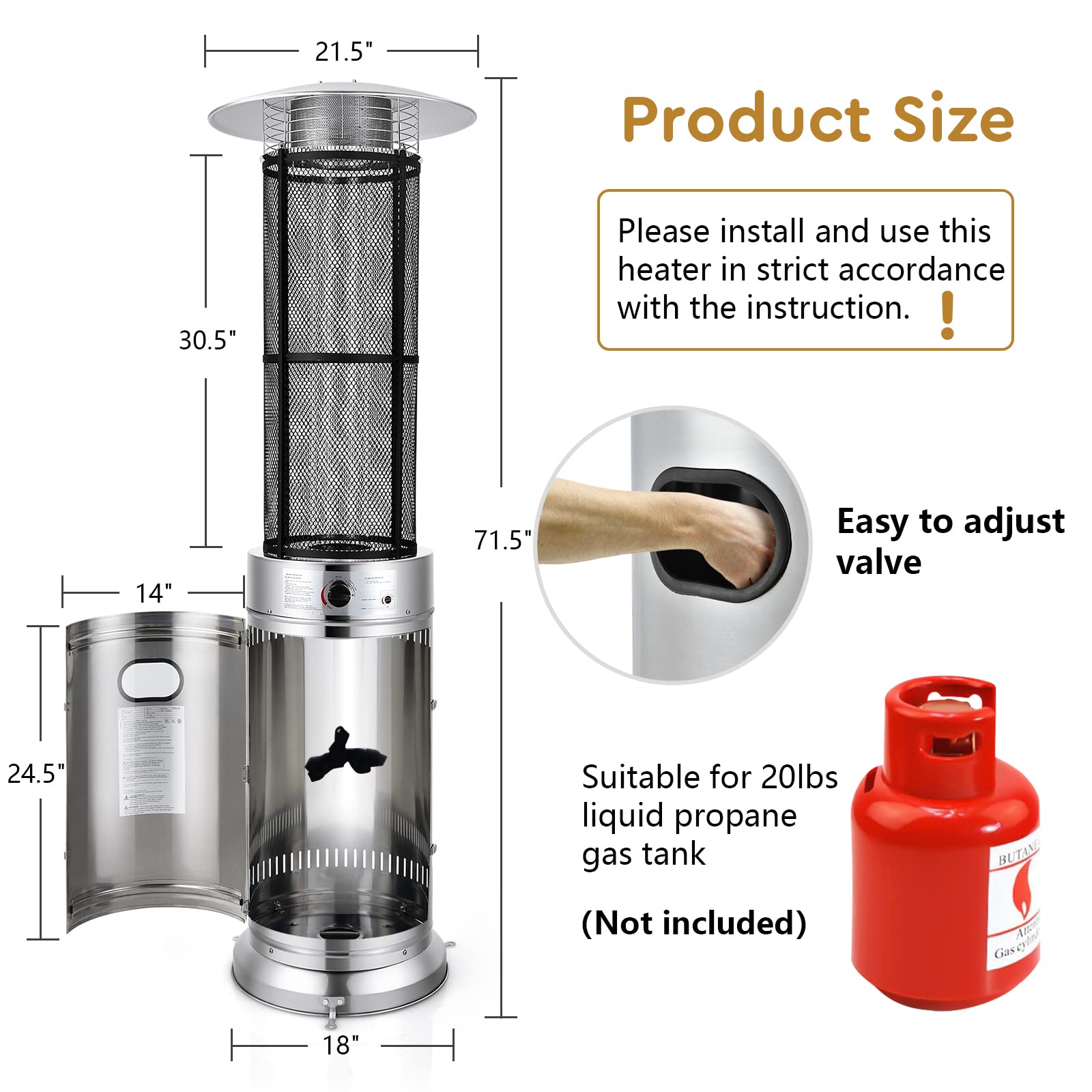 Giantex 48,000 BTU Stainless Steel Propane Patio Heater with Wheels & Dancing Flame - Outdoor Quartz Glass Tube Space Heater for Backyard, Deck, Balcony, Restaurant, BBQ Party - Perfect for Winter Gatherings & Outdoor Dining (Silver)