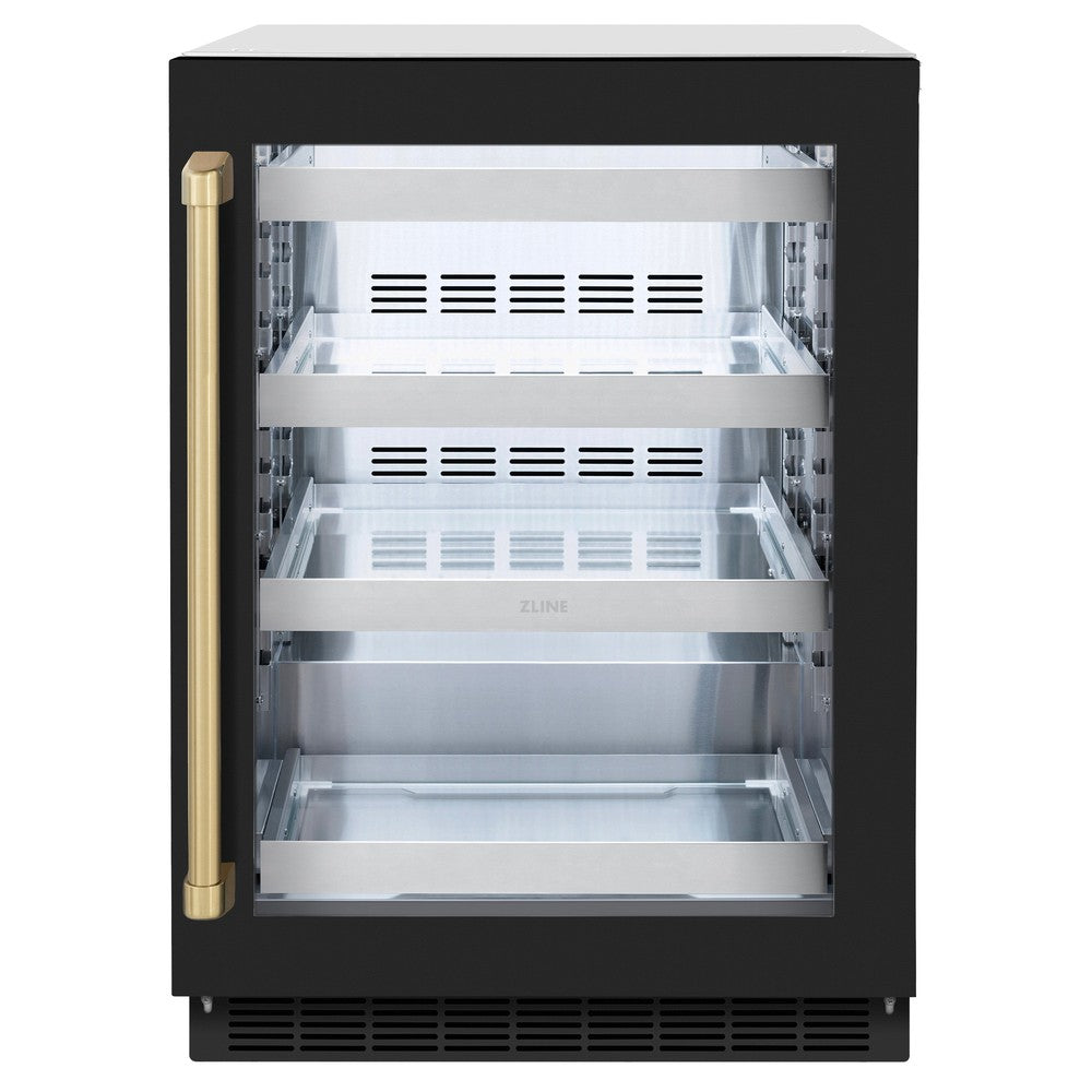 ZLINE Autograph Edition 24 Inch Touchstone 151 Can Beverage Refrigerator - Black Matte Glass Door with Champagne Bronze Handle - Compact Wine Cooler for Home Bar, Office, or Kitchen (RBSOZ BLM 24 CB)