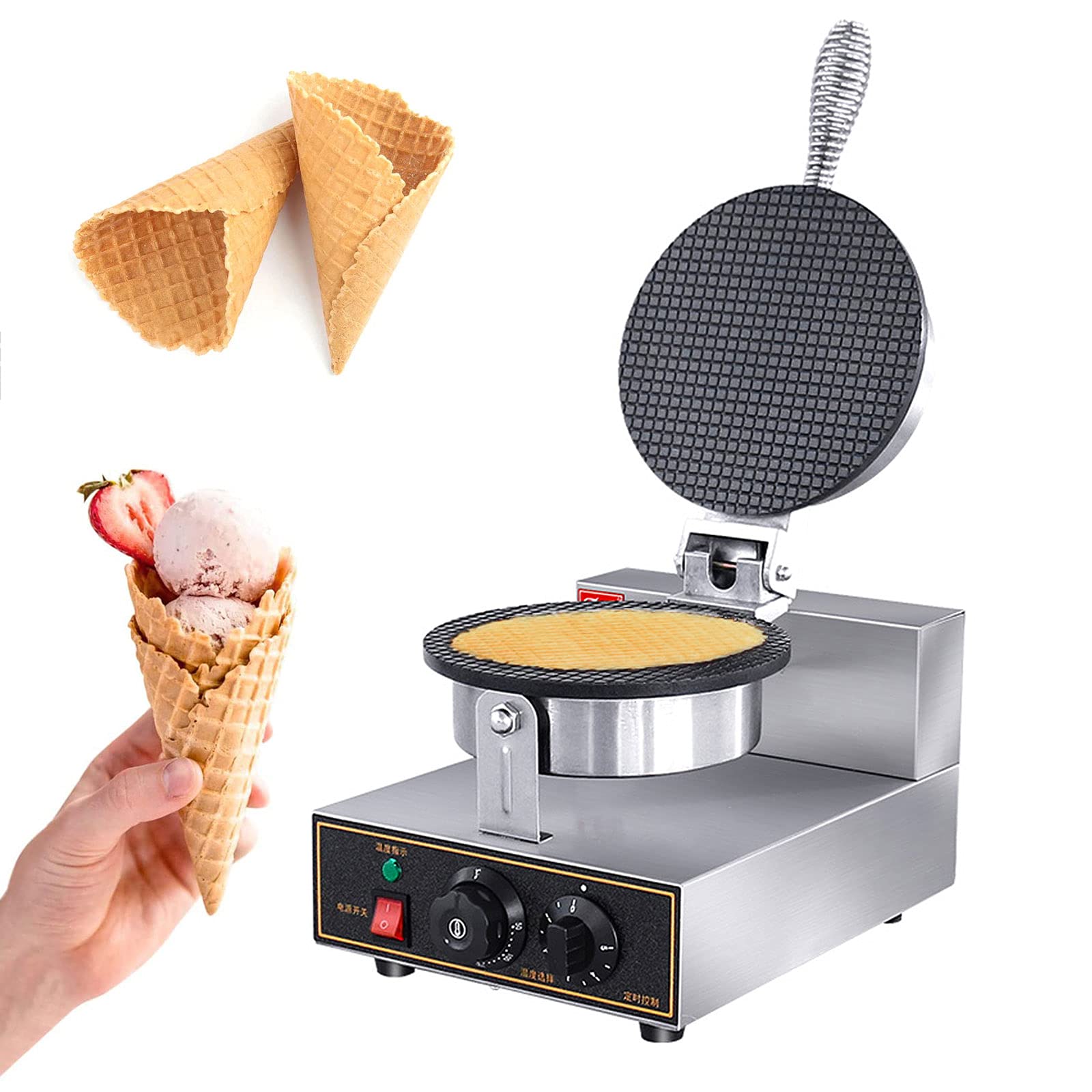 Commercial & Home Electric Ice Cream Cone Waffle Maker Machine - 1200W Stainless Steel with Nonstick Surface - Perfect for Dessert Shops, Parties & Family Snacks