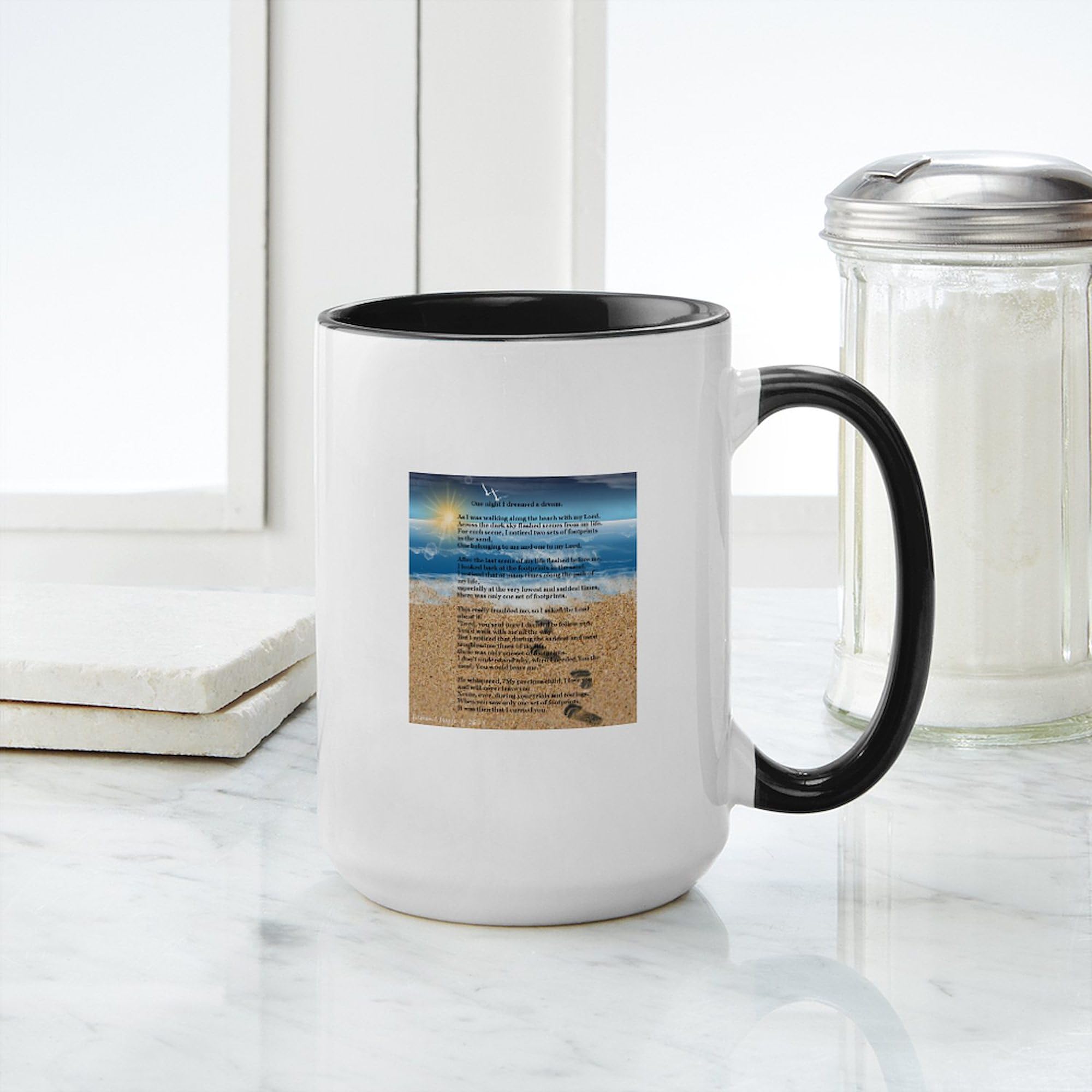 Footprints In The Sand 15 oz Ceramic Coffee Mug (444ml) - Inspirational Gift for Beach Lovers, Christian Gifts & Office Use - Perfect for Hot Tea, Coffee or Cocoa