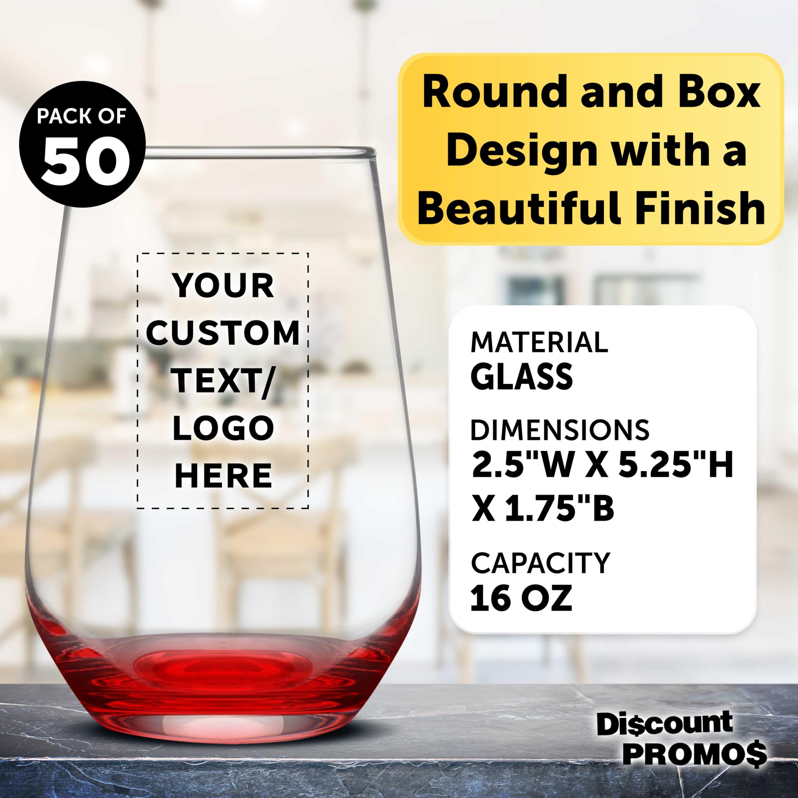 50 Pack Stemless Wine Glasses Set - 16oz Clear Orb-Like Silica Cups with Thick Base - Personalized Text/Logo Engraving - Perfect for Weddings, Parties & Corporate Events