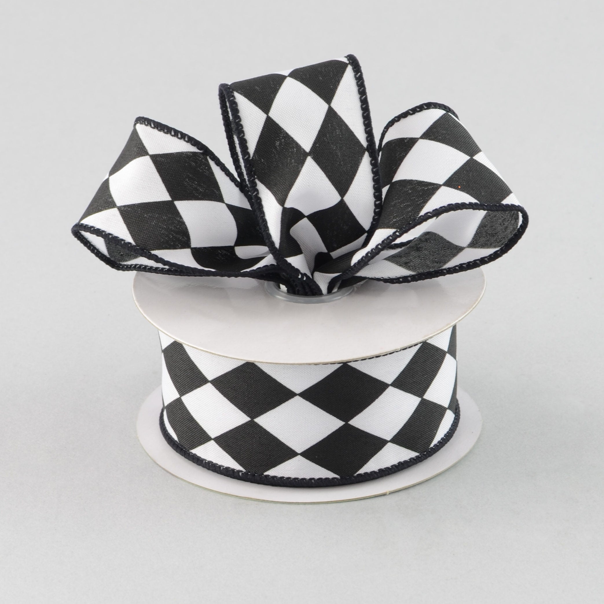 1.5 Inch Harlequin Print Ribbon - Black and White Checkered Design - 10 Yards Bulk Spool for Gift Wrapping, DIY Crafts, Hair Bows & Party Decorations