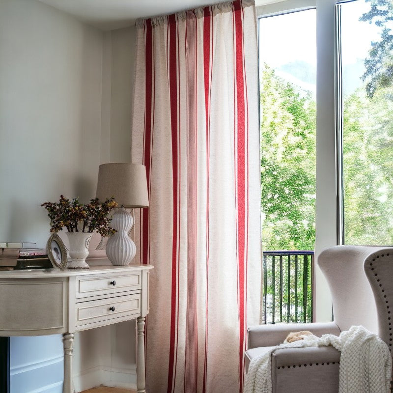 Charley Red Geometric Light Filtering Grommet Curtains - Custom Window Treatments for Living Room & Bedroom